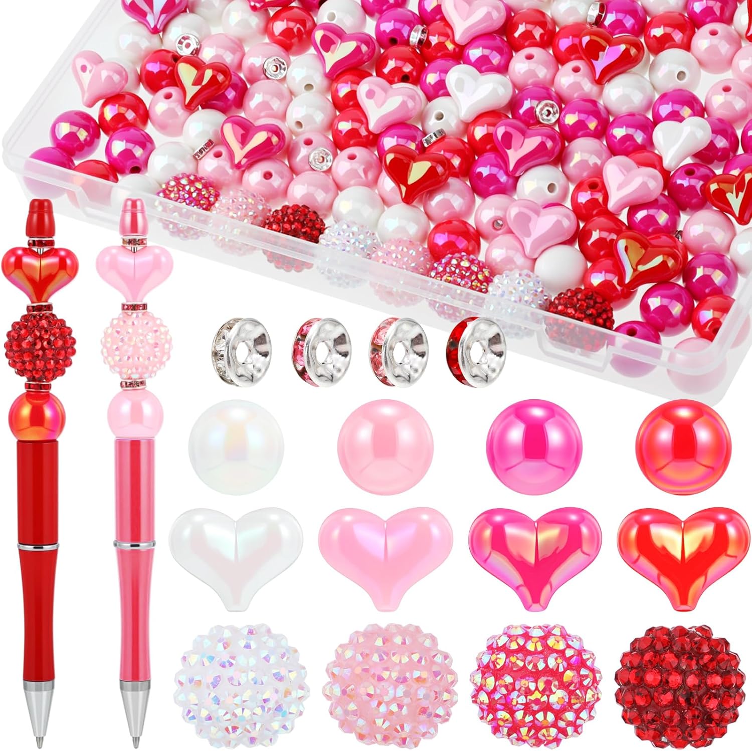 FineCheer 300 Pcs Focal Beads for Pens AB Color Acrylic 3D Focal Colorful Beads Bulk Round Rhinestone Spacer for Beadable Pen Keychain Making Jewelry Bracelet Necklace Charms Crafts(Bow Shaped)