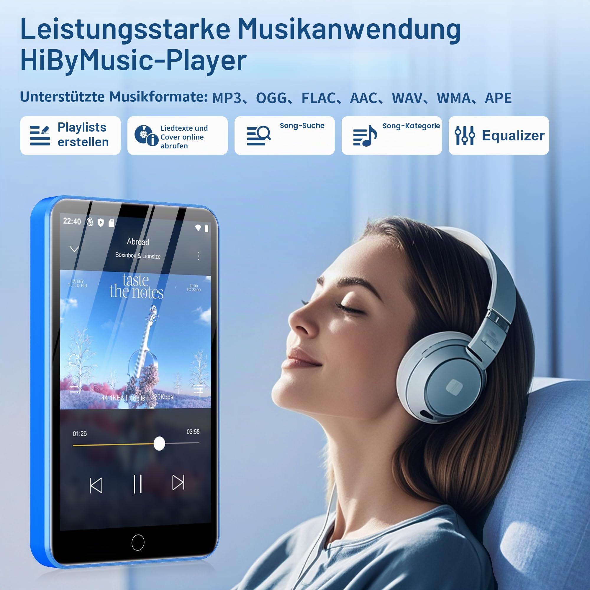 Diofox 80GB MP3 Player mit Bluetooth und WiFi, 4,0-Zoll Touchscreen, 1080P, 2000mAh, MP3 MP4 Player Android, Spotify, Amazon Music, Deezer, Play Store, HiFi Sound Digital Music Player (Blau)