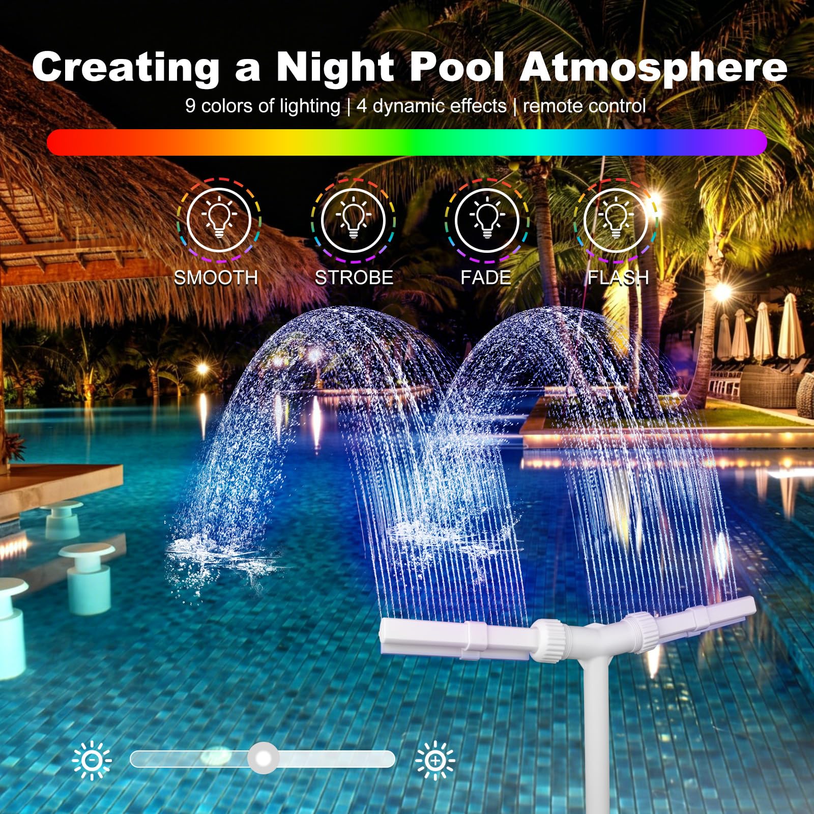 Fontana D'acqua a Doppio Spray Regolabile, Fontana d'Acqua a Doppio Spruzzo, Fontana per Piscina Fuori Terra Regolabile a 360° con luci LED a 9 Colori Ideale Per Rinfrescarsi E Rilassarsi
