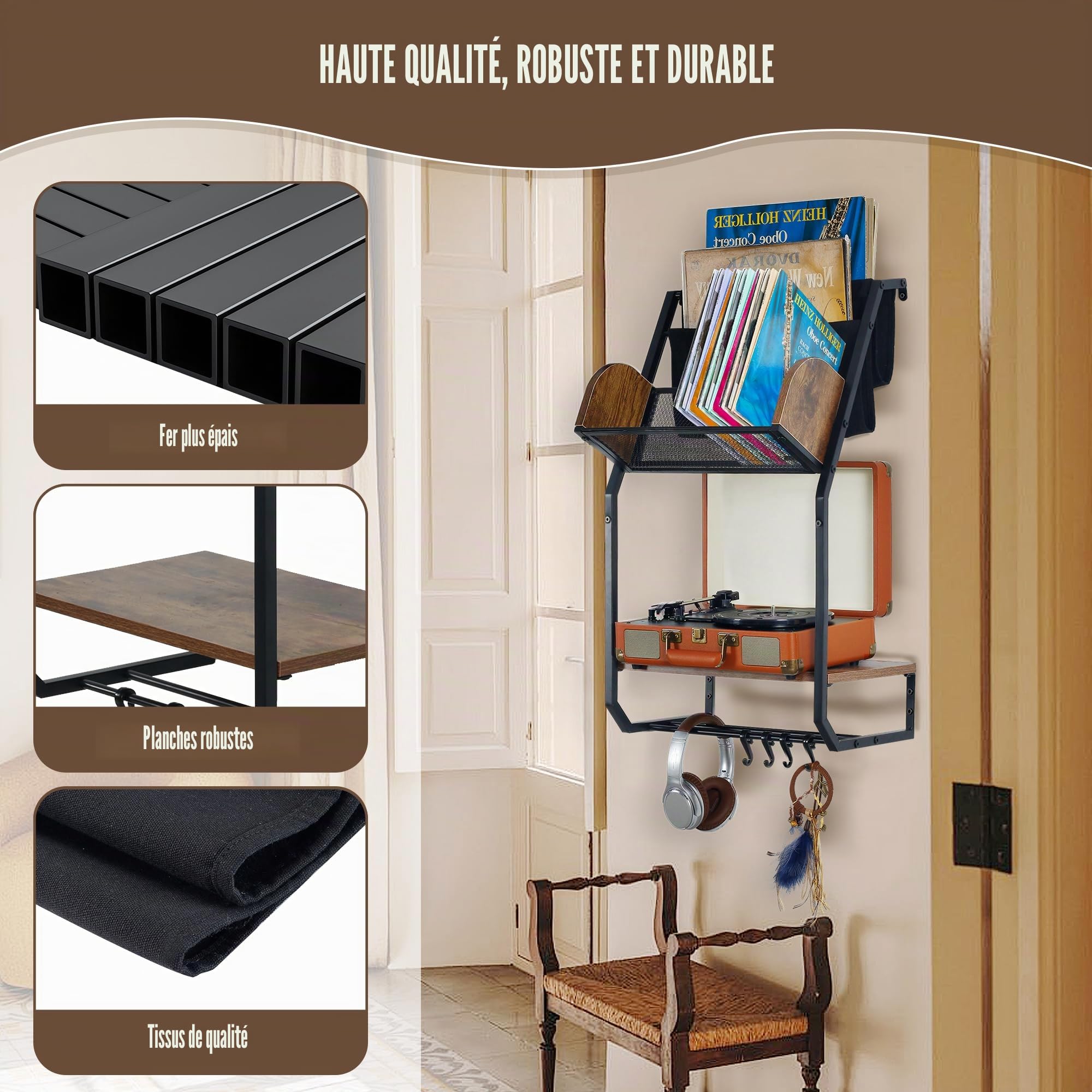 Plateau tournant moderne du milieu du siècle avec rangement en vinyle, support de tourne-disque, étagère de table pour albums, noir