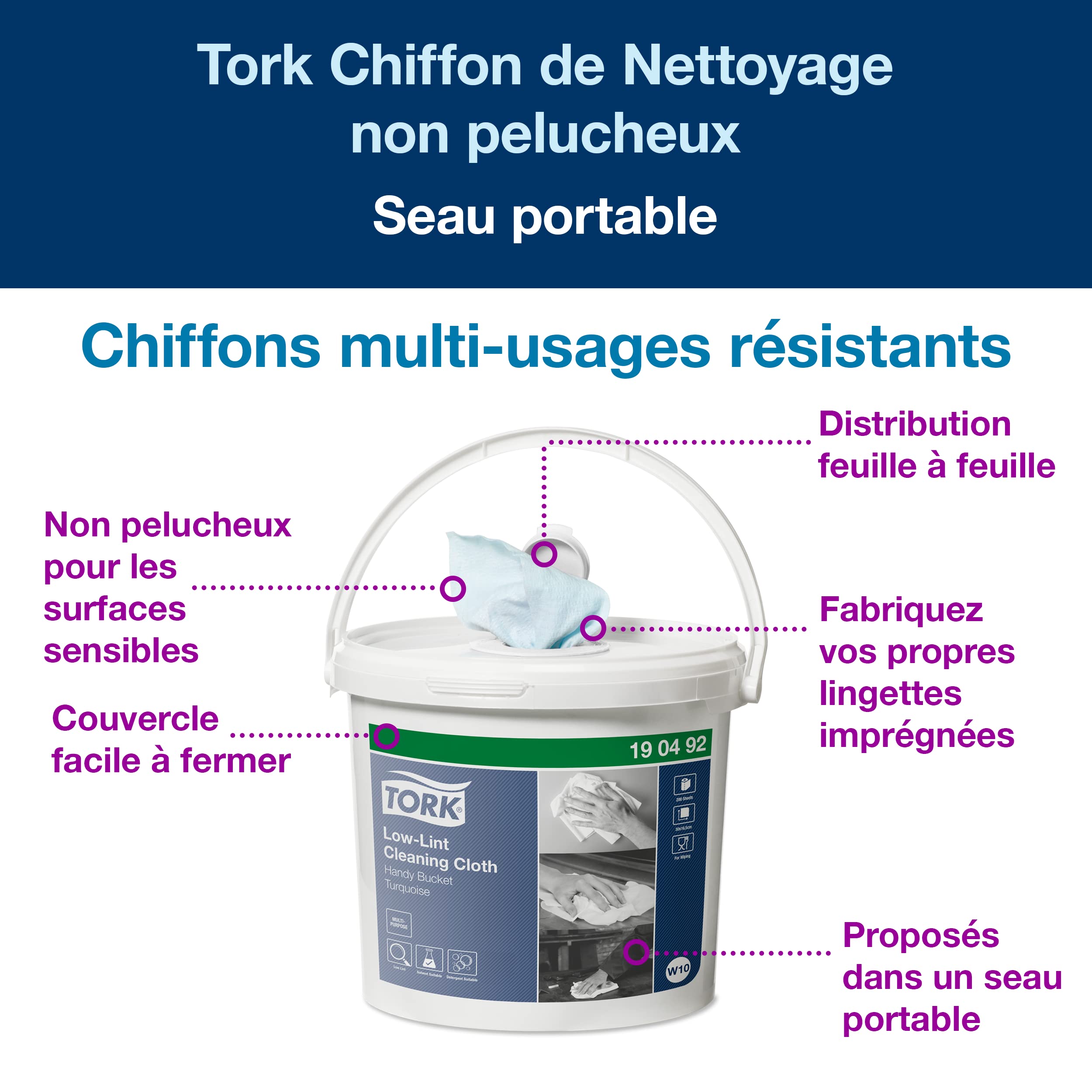 Tork Seau portable de Chiffons de Nettoyage non pelucheux turquoise W10, 1 pli, 1 rouleau x 60m, 190492, Pièces