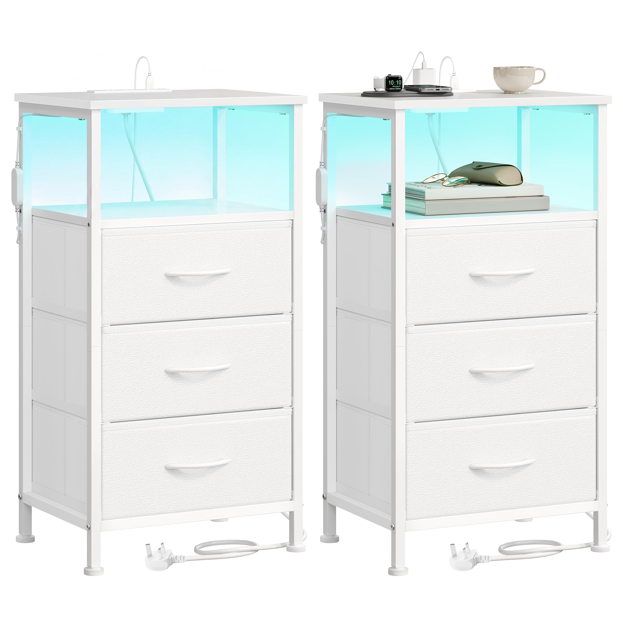 SONGMICS BELLAH Collection - Bedside Table with Charging Station, Side End Table with App-Controlled Adjustable LED Lights, Modern, 1 Shelf, 3 Drawers, Set of 2, Cloud White LGS203W103