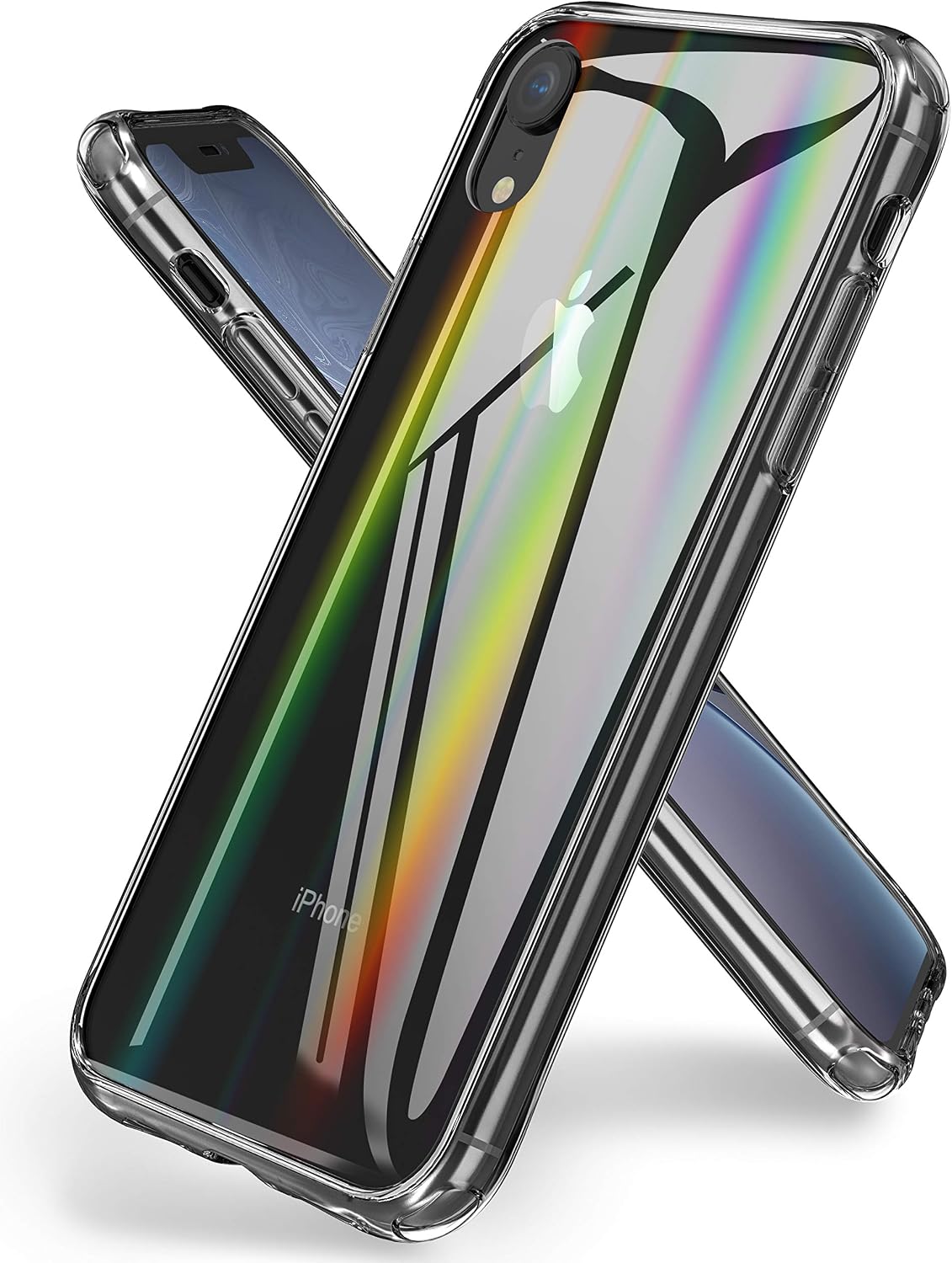 ORETECH iPhone XR Case, iPhone XR Phone Case [Rainbow Effect] Transparent Clear Tempered Glass Back Anti Scratch Case with Soft TPU Edge Protective Heavy Duty Case for iPhone XR -6.1”-Black
