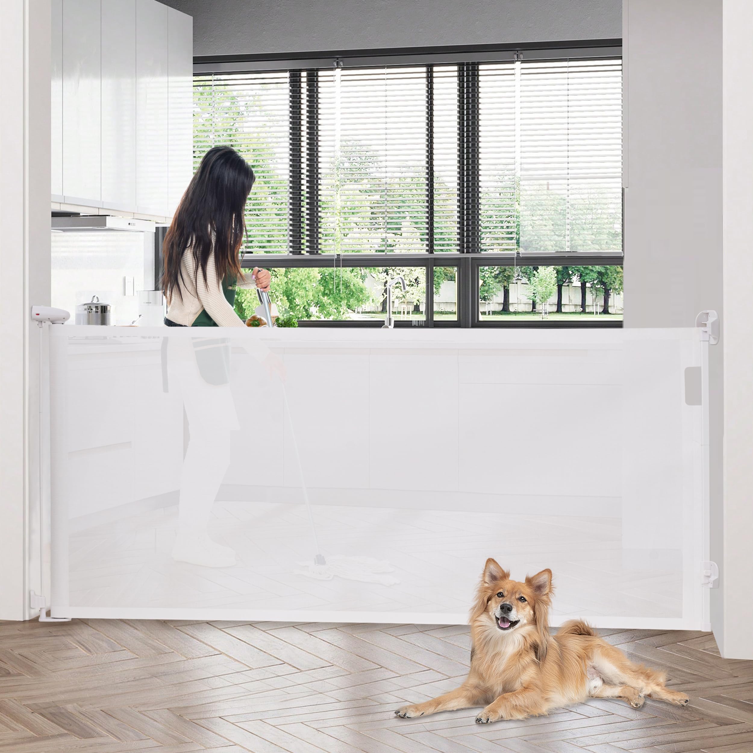 HBlife Retractable Baby Gate, Extra Wide Mesh Baby & Dog Gates, 34" Tall, Extends up to 110" Wide, Safety Baby Gates for Doorways & Stairs, Retractable Dog Gate Pet Gate Indoor & Outdoor, White