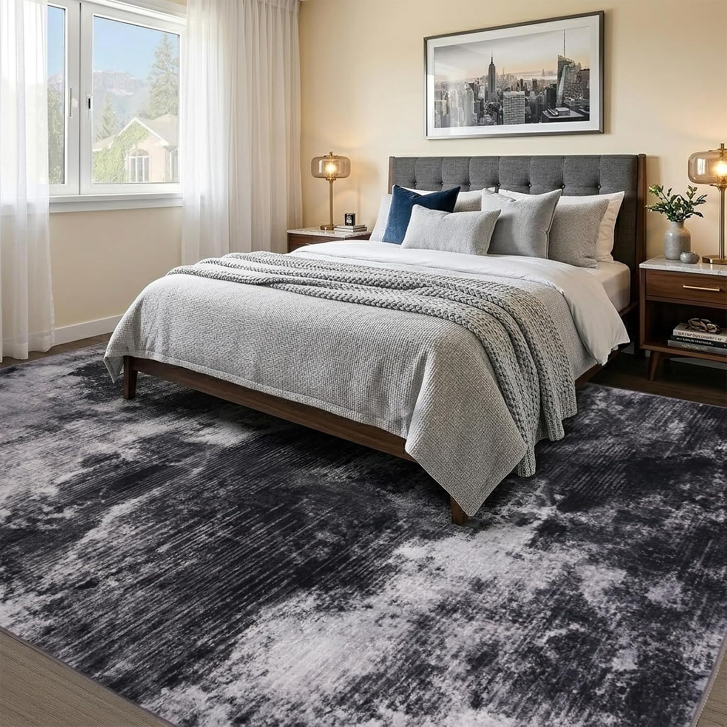 8x10 Area Rugs for Living Room, Large Abstract Rug Machine Washable Neutral Rug for Bedroom,Soft Low Pile Non Slip,Indoor Carpet for Dining Room Farmhouse Nursery Room Modern Office-Black