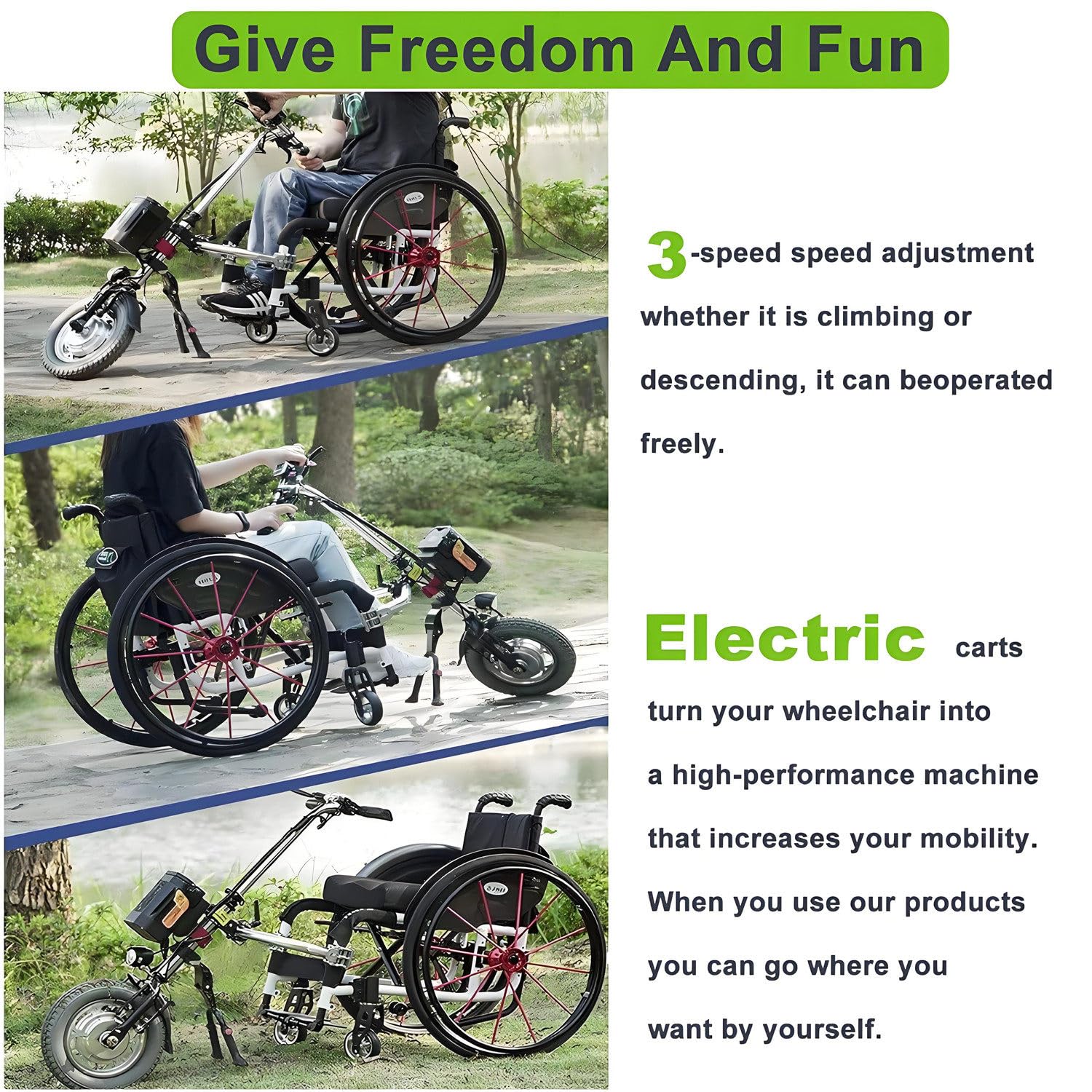 Dispositivo eléctrico de tracción para silla de ruedas con amortiguador, accesorio para bicicleta de mano, 500 W, 3 velocidades ajustables, rango de 60-70 km