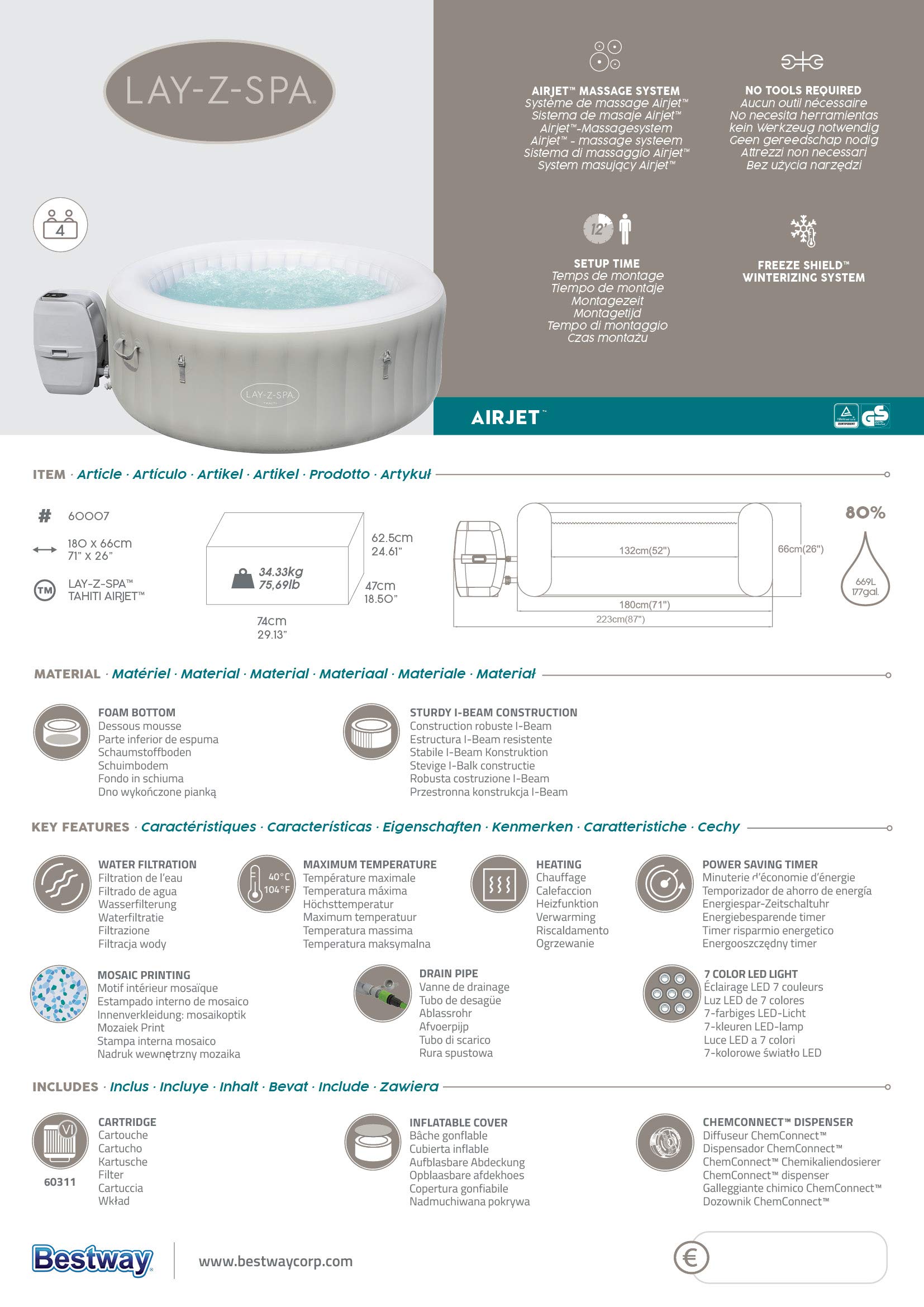 BESTWAY - SPA Hinchable Lay-Z-SPA Tahiti para 2-4 Personas Redondo 180x66 cm con Luces LED