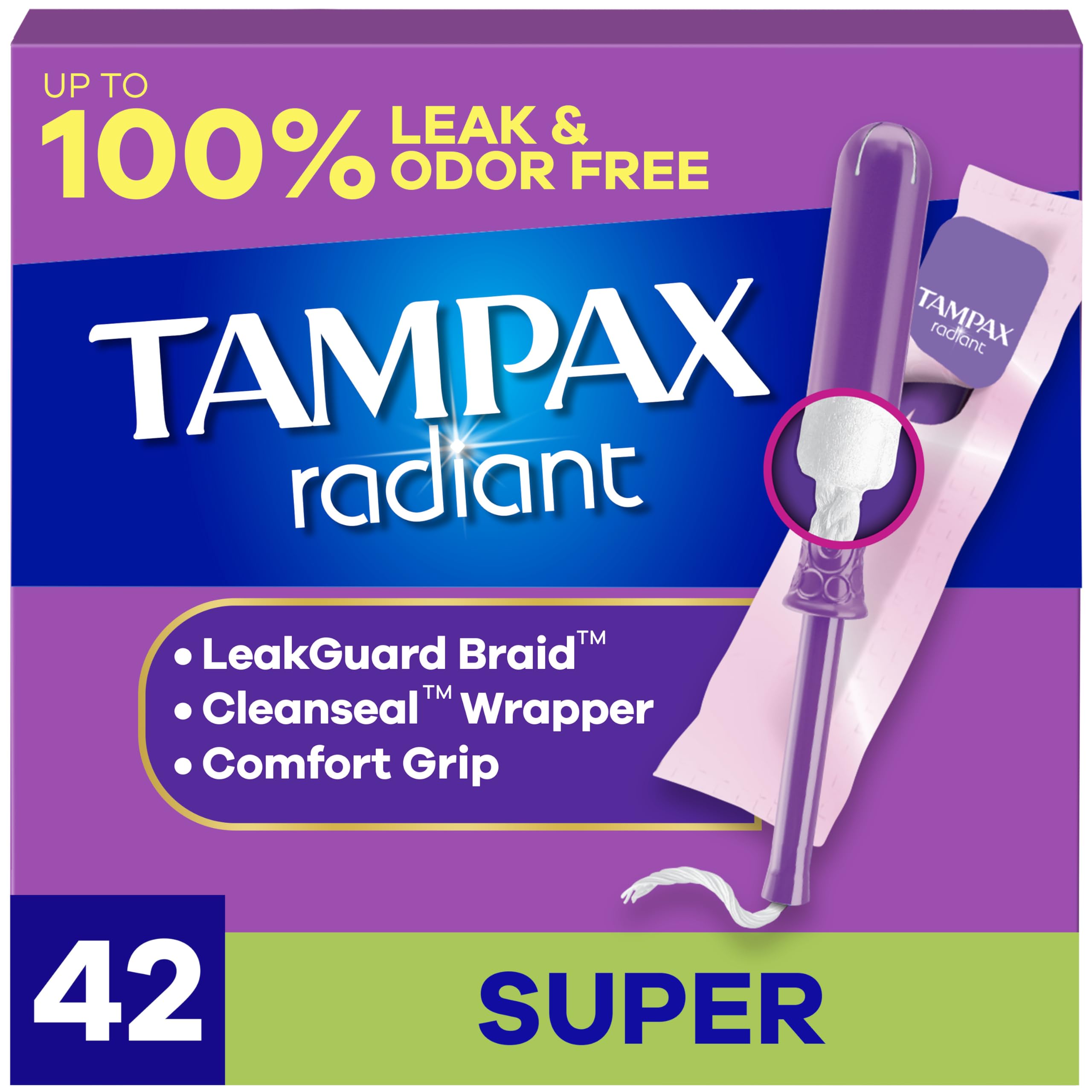 Tampax Radiant Tampons for Women, with LeakGuard Braid, Super Absorbency, Unscented, 42 Count