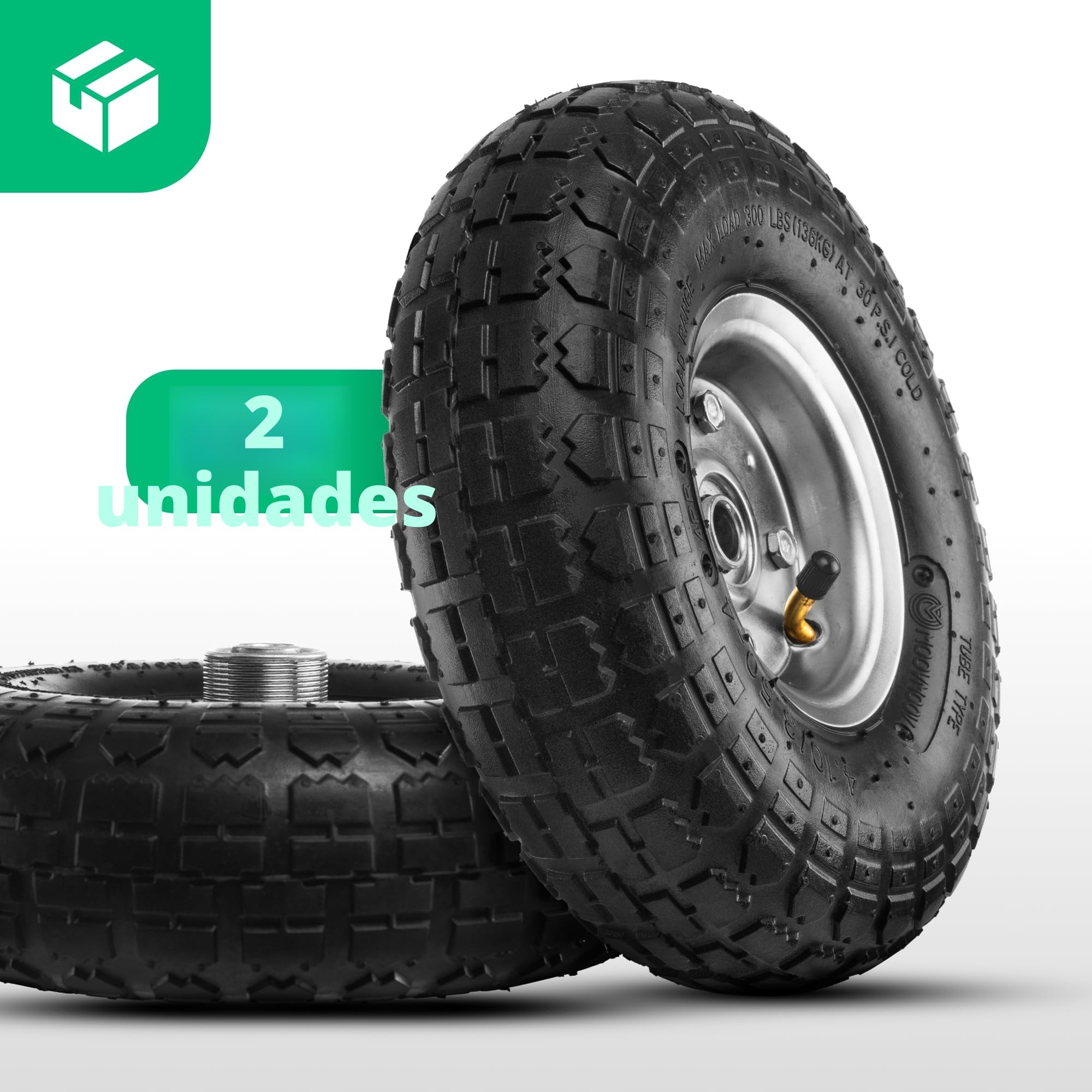 MOOVMOOV Rueda inflable 4.10/3.50-4 (x2) - Para Carretillas, Carritos y Carretillas de mano. Rueda completa: Neumático + Cámara de aire con Válvula Curvada + llanta de Acero con Rodamientos de Bolas