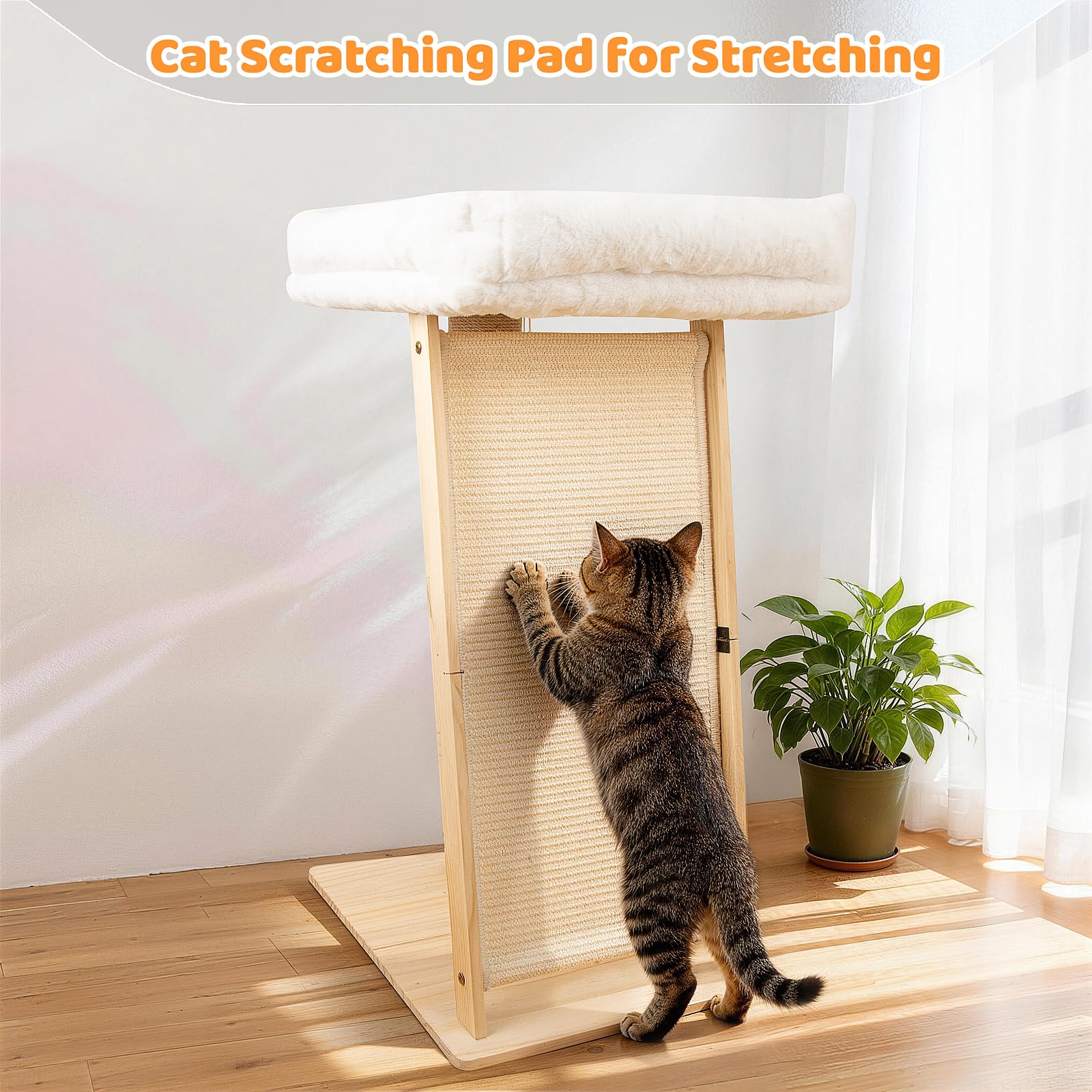 Tiragraffi per gatti 3 in 1 da 80 cm con amaca e tiragraffi, base in pino e palo alto in sisal, cuscinetto per amaca in pelliccia di coniglio, giocattolo da appendere, grande bianco