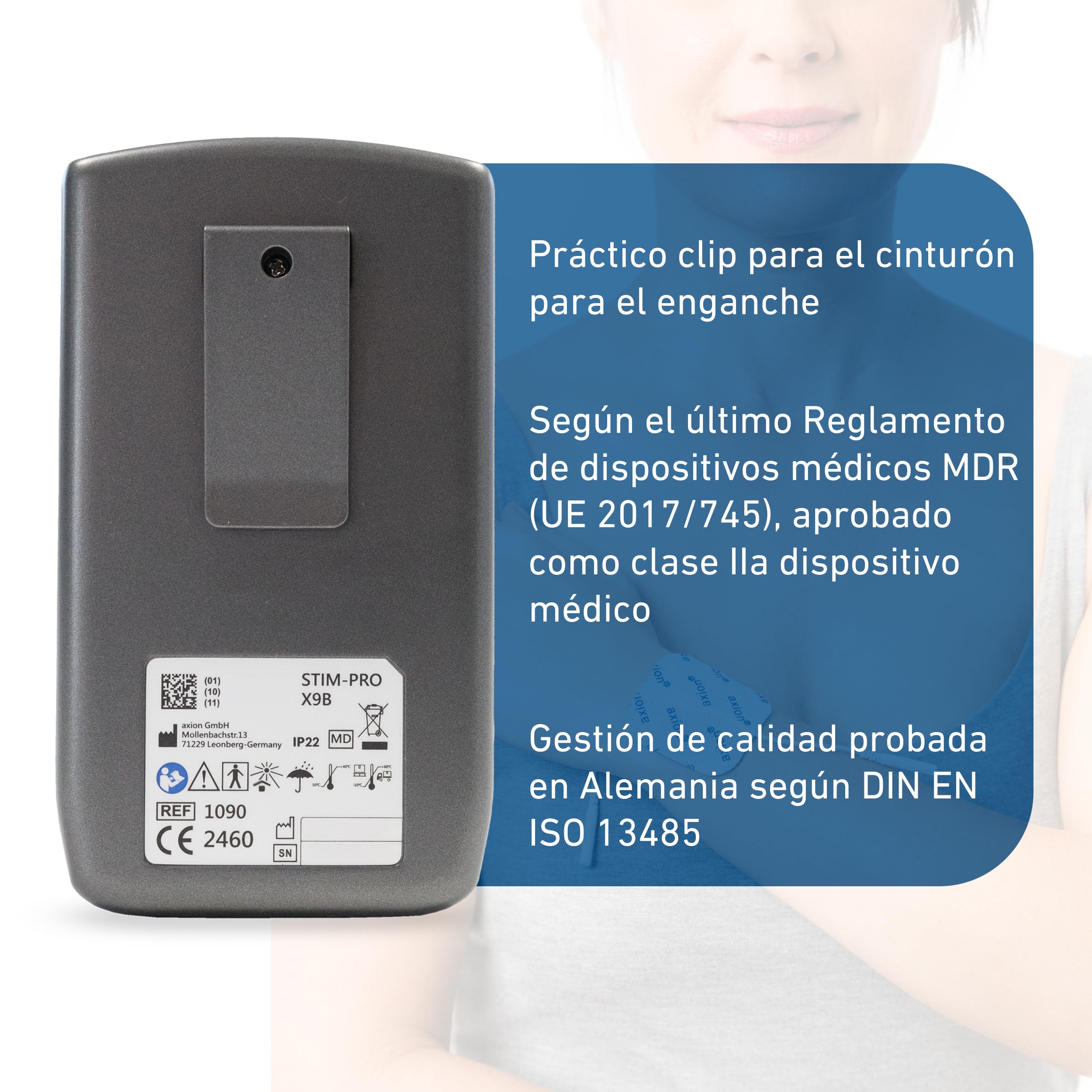 Electroestimulador de 4 canales STIM-PRO X9B axion® | 60 Programas de TENS, EMS, Masajes y Suelo Pélvico | 99 niveles de intensidad, electrodos especiales, cargador USB-C y spray de limpieza
