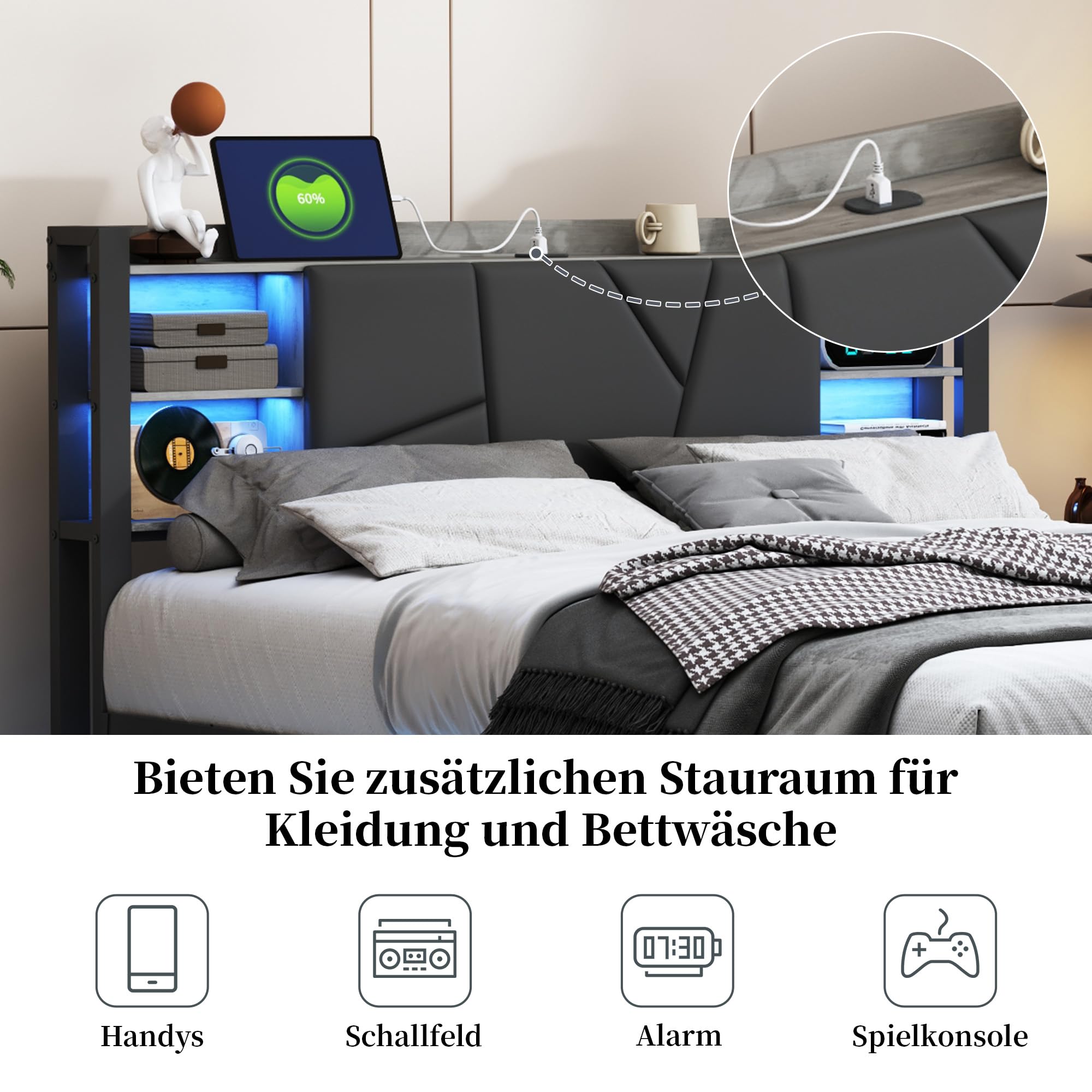 Gestoffeerd bed,160 x 200 cm,led-tweepersoonsbed met opbergruimte,hoofdeinde met opbergvak en USB-oplaadfunctie,hydraulisch opbergbed,rugleuning,bedframe (Zwart, 160x200 cm