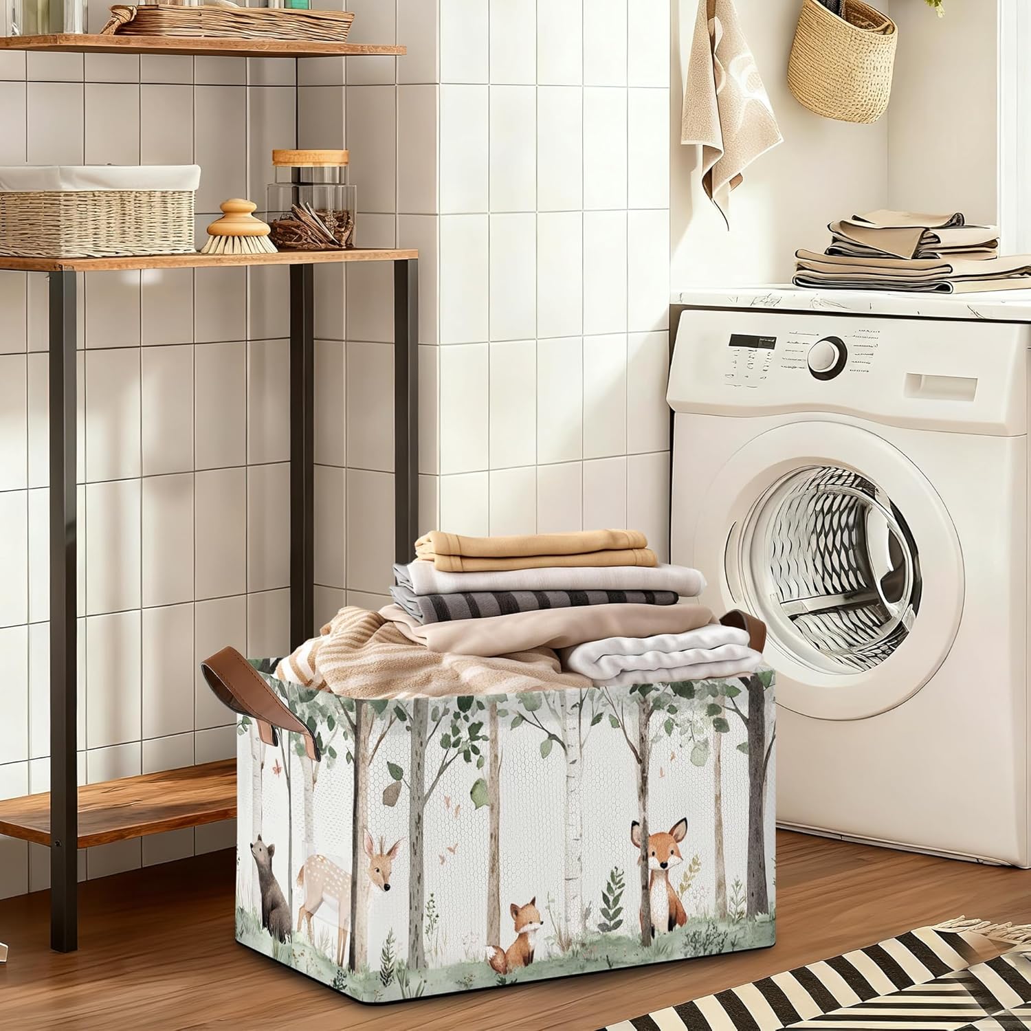 Forest Animal Fabric Storage Bins with Handles, Oxford Storage Basket for Closet Organization, Foldable Shelf Organizer for Bedroom, Nursery, Laundry, Office