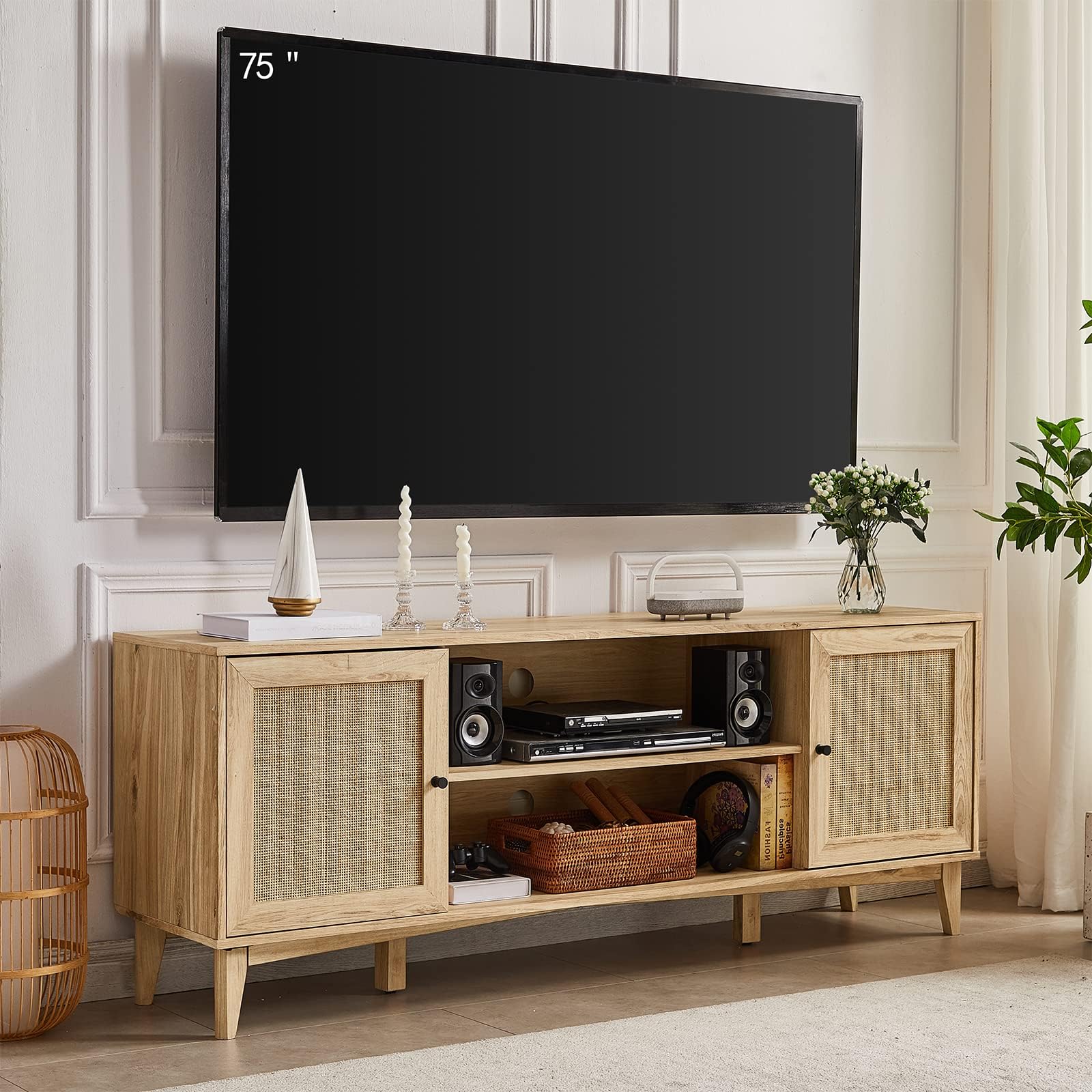 Okvnbjk TV Stand for 75+ Inch TV, Entertainment Center with Storage, Rattan Boho-Chic Vibe Wood TV Stand & Adjustable Shelves, Media TV Stands for Living Room Bedroom, Oak