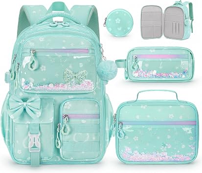 Girls Backpack with Lunch Box, 4 PCS Green Kawaii School Bookbag for Girls, Aesthetic Elementary Large Laptop Cute Backpack for Kids & Teens