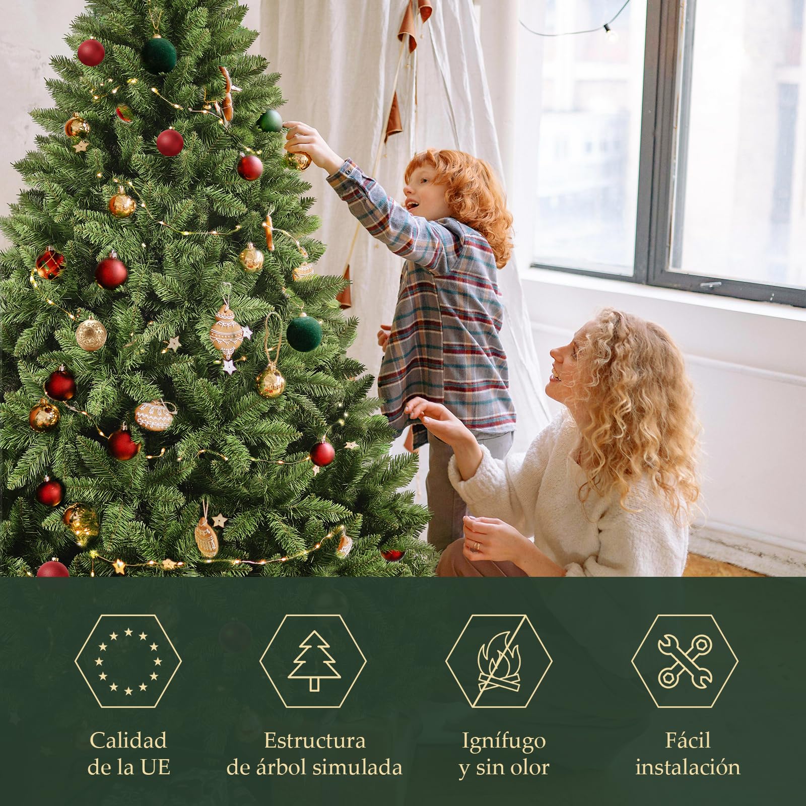 SALCAR Árbol de Navidad Artificial de 210 cm, de Aspecto Natural, con 1066 Ramas, Abeto de Normandía Verde con Sistema Plegable y un diámetro Extragrande del árbol de 148 cm