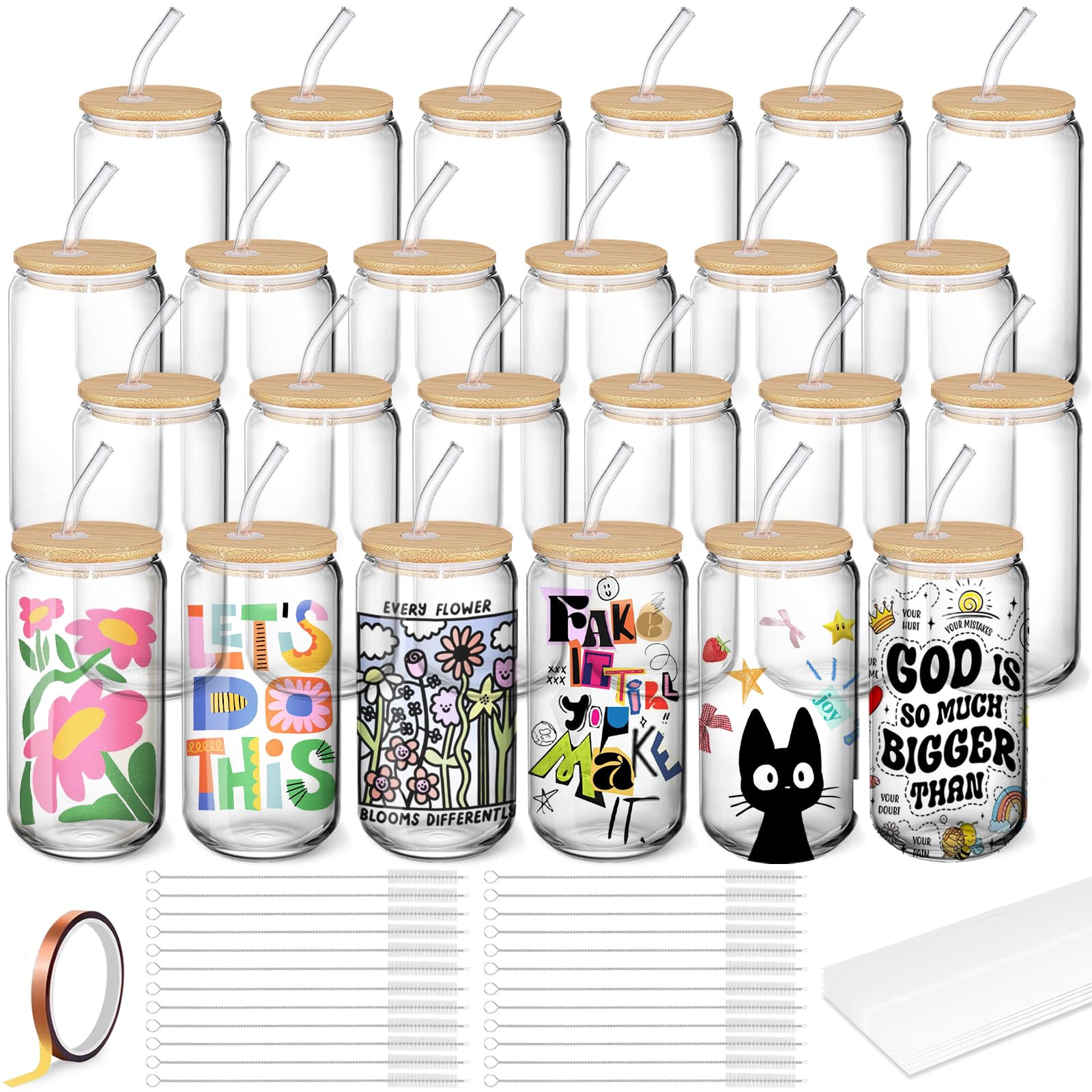 Cafultgo 24 Pack Sublimation Bottles Tumbler Cup 16OZ Sublimation Blanks Wholesale Clear Glass Mason Jar Tumbler Cups Mugs with Glass Straw for Beer, Iced Coffee, Juice, Soda, Drinks