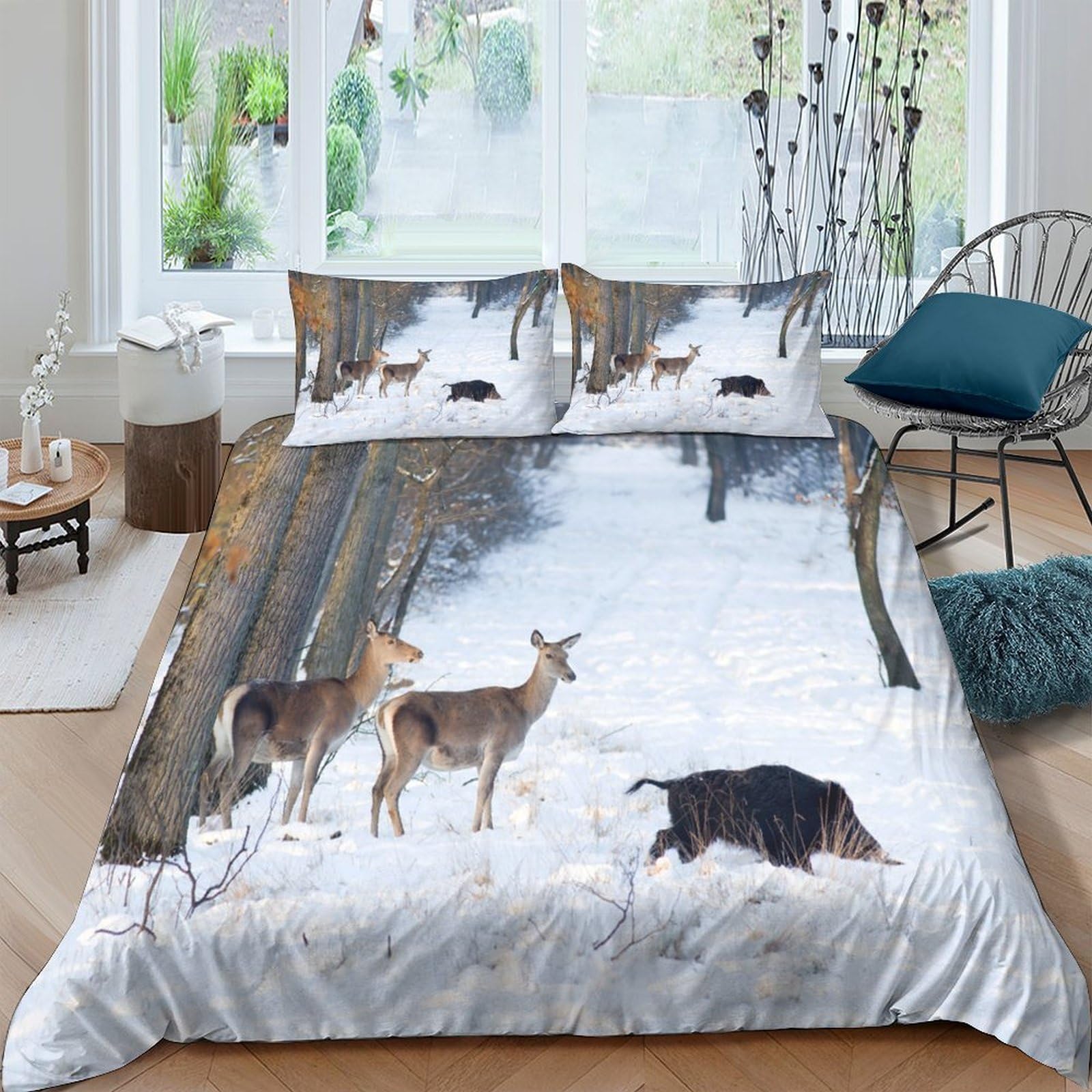 Ctjqhvkz Style-3 3D Printed Forest Deer Fitted Sheet Microfiber Soft Breathable Snowy Woods Mattress Cover For Bedroom Guest Room Decor Single（135X200cm）