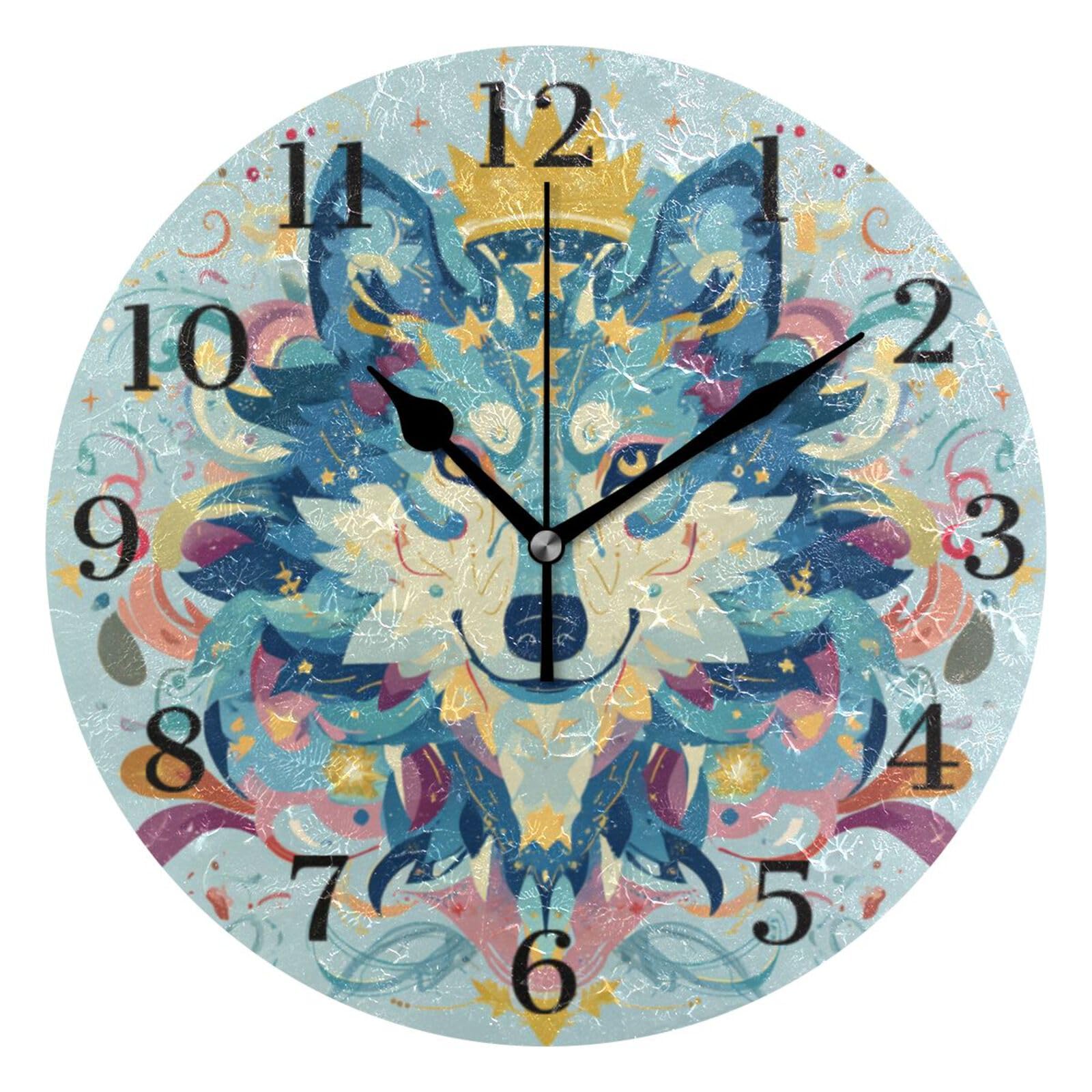Ensound Colorful Wolf Wall Clock Silent Non-Ticking Battery Operated Clocks 12 Inch for Kitchen Home Living Room