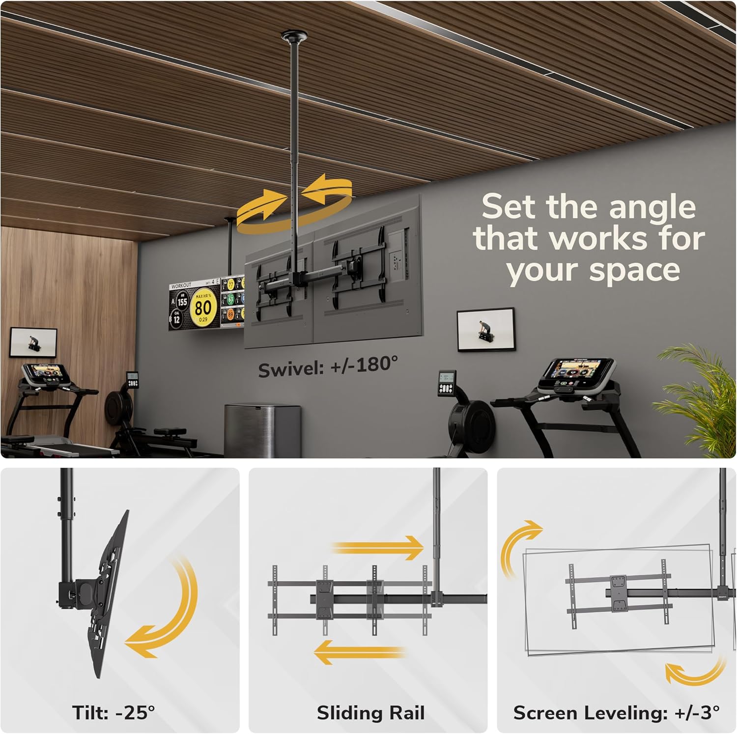 Mount-It! Dual TV Ceiling Mount, Side-by-Side Menu Board, Fits 34–60" Screens up to 88 lbs Each, VESA 600x400, Full Motion 360° Swivel, Short Pole 18–35" Drop, Safety-Tested Steel, Black