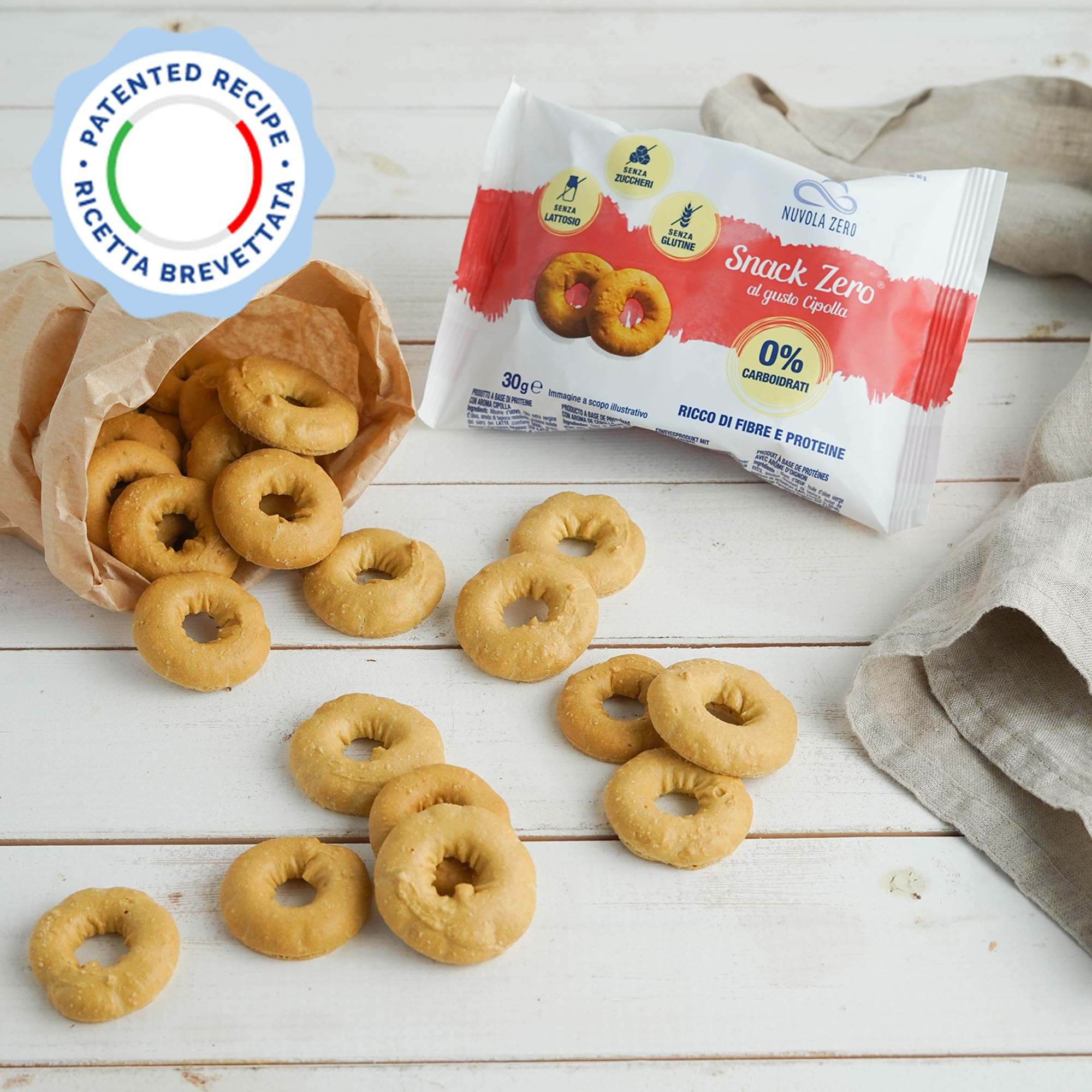 Nuvola Zero - Snack Zero al gusto cipolla, Snack Proteici Senza Zucchero, Zero Carboidrati, Senza Lattosio, Senza Glutine, Confezione da 3pz. Made in Italy.