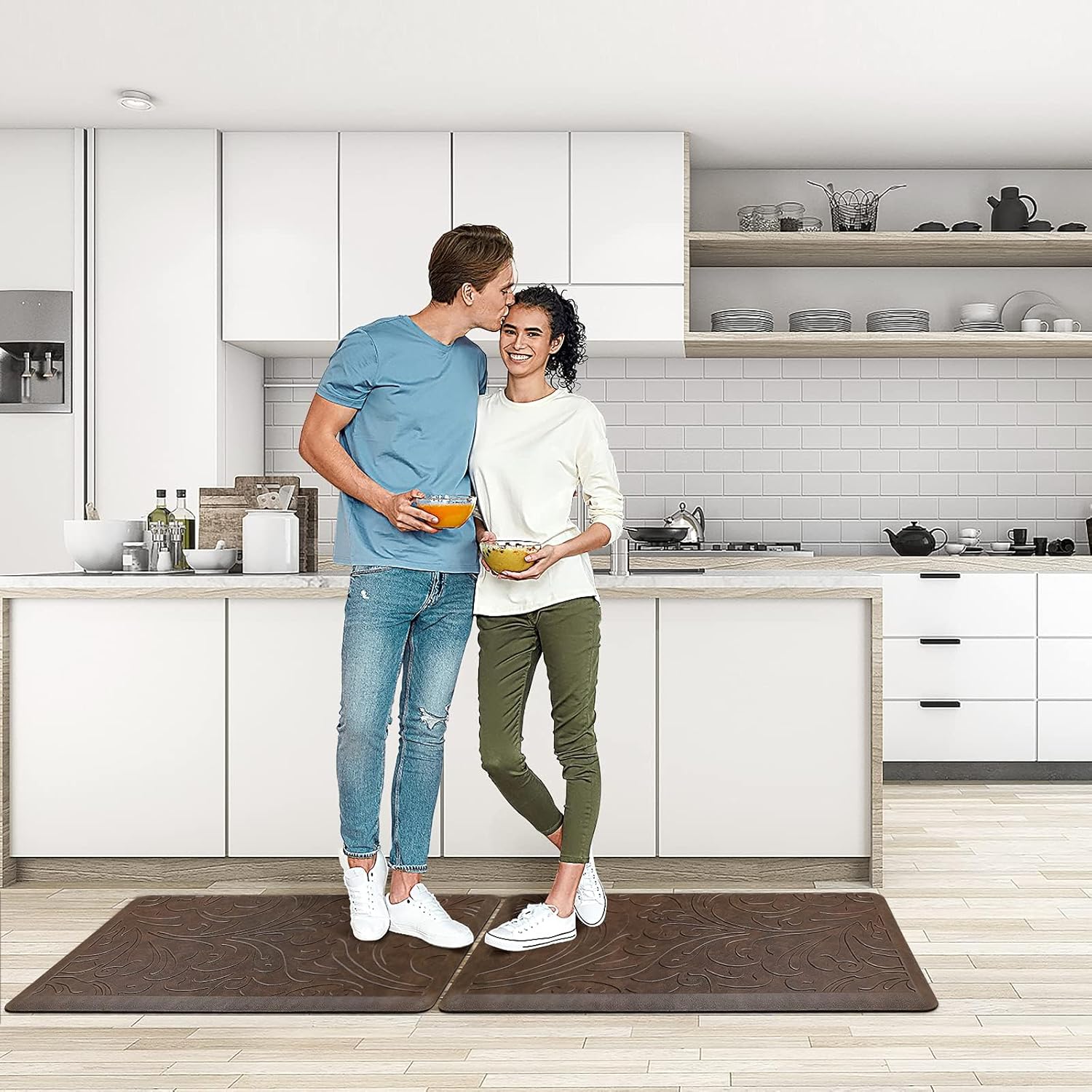 KMAT 2PCS Kitchen Mat Cushioned Anti-Fatigue Floor Mat,Waterproof Non-Slip Standing Mat,Ergonomic Comfort Floor Mat Rug for Home,Office,Sink,Laundry,Desk(17.3"x28"+17.3"x28",Brown)