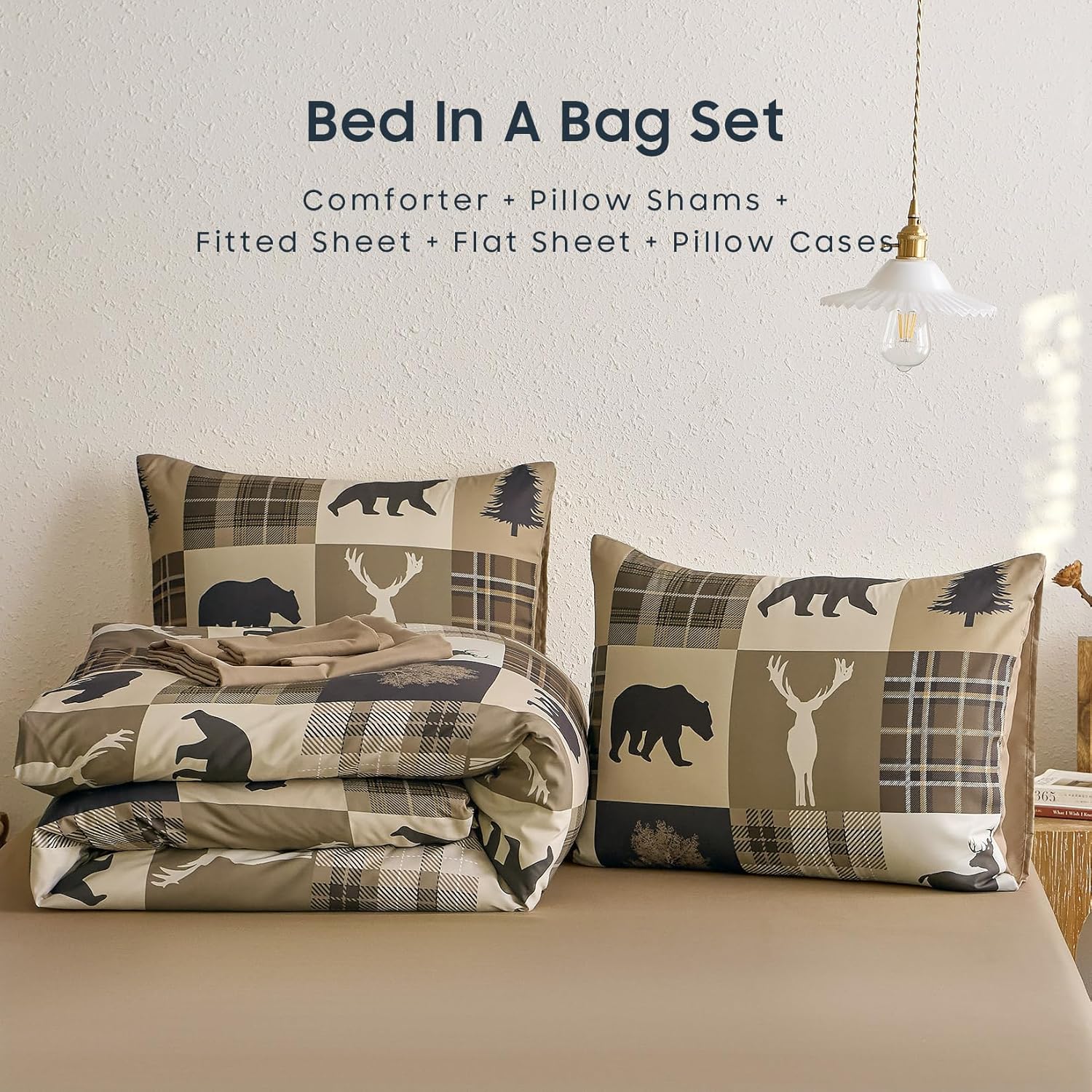 Wake In Cloud - Rustic Comforter Set with Sheets, Cabin Lodge Christmas Bear Moose Deer Wildlife Western Patchwork Country, 7 Pieces Bed in a Bag, Brown, King Size - Image 7