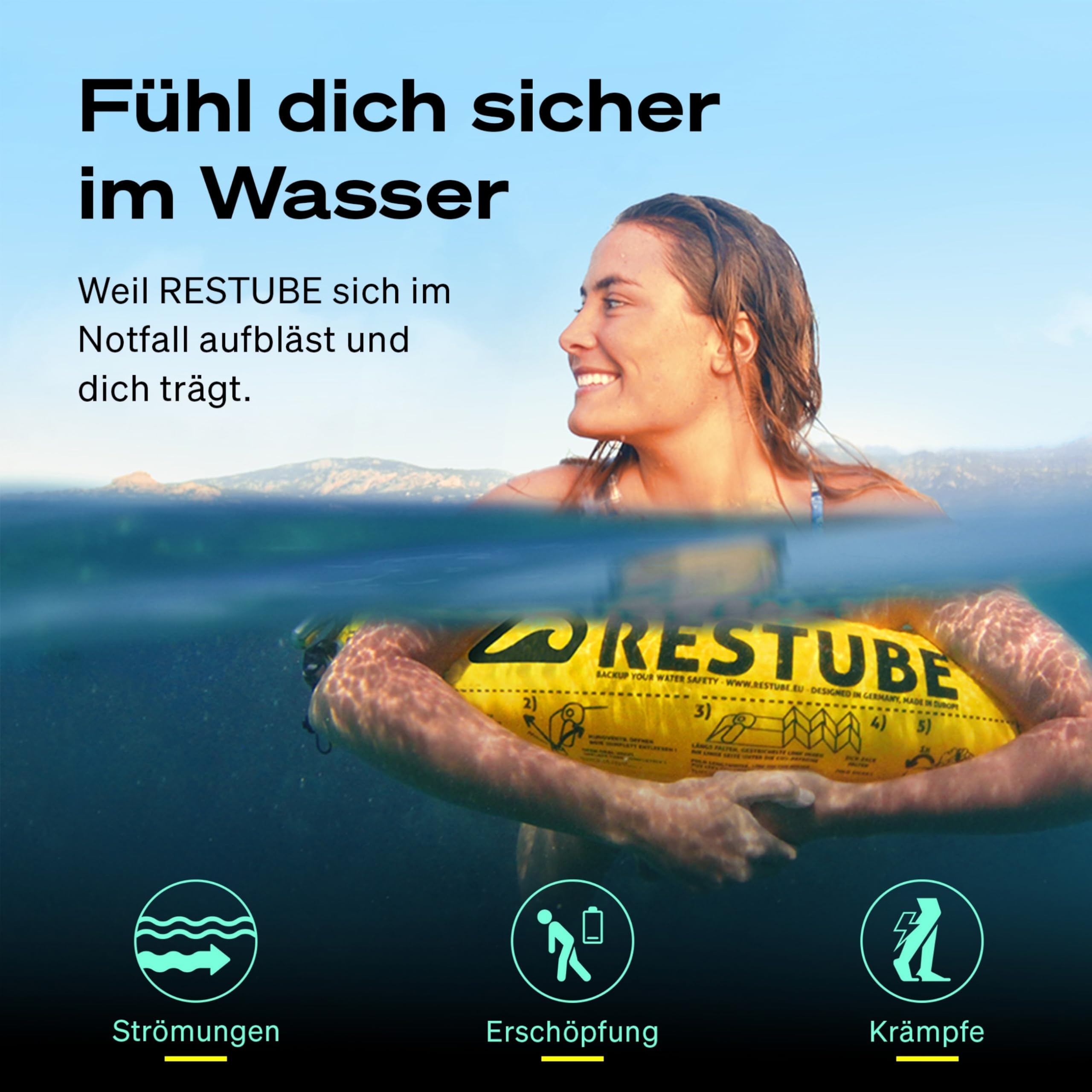 RESTUBE Beach CO2 Schwimmboje - Für EIN sicheres Gefühl im Wasser - auslösbare Rettungsboje - Schwimmboje für Erwachsene und Kinder ab 10 Jahre - Boje für SUP, Schwimmen, Schnorcheln & Schwimmhilfe