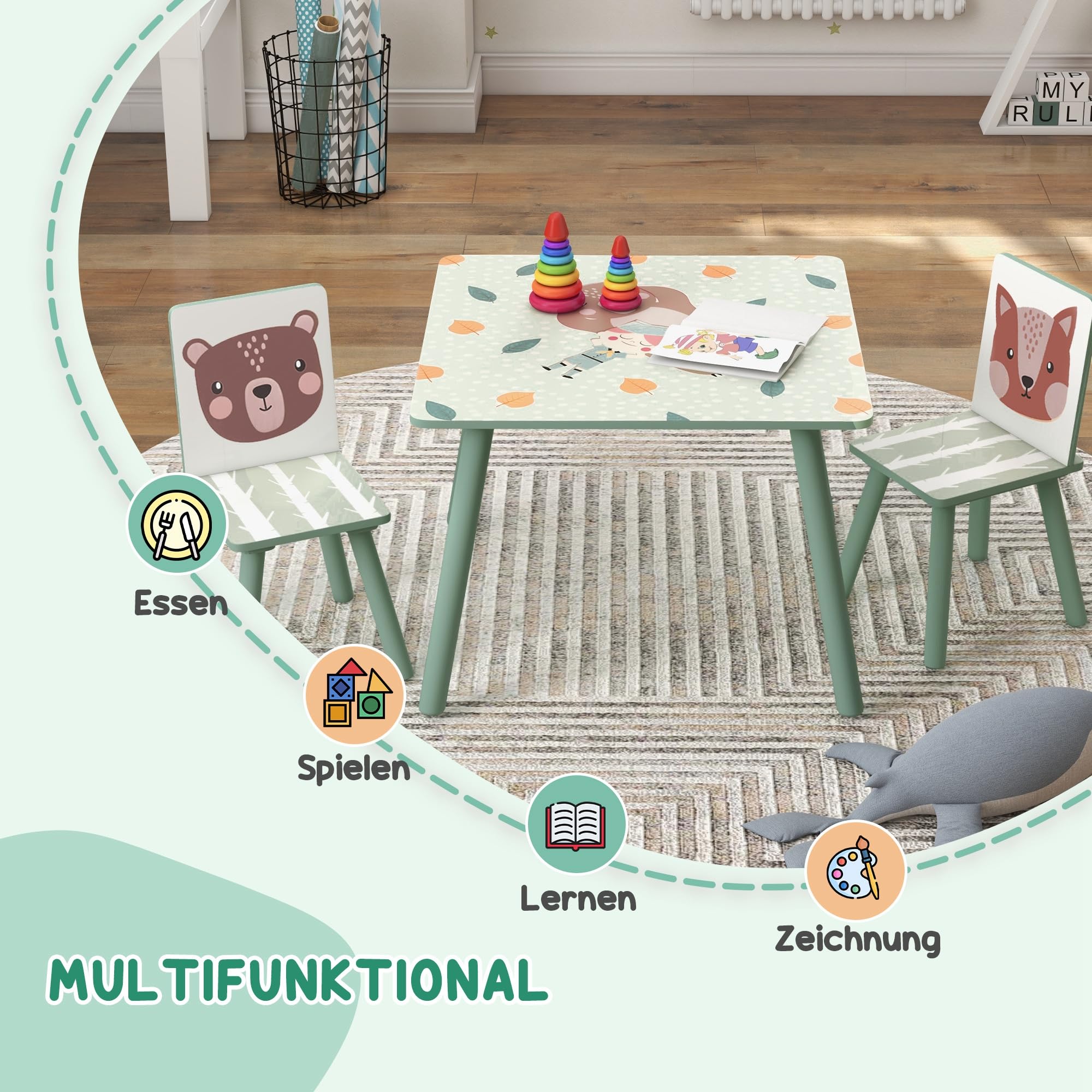 ZONEKIZ Kindertisch mit 2 Stühlen 3-teilig Kindersitzgruppe mit Tiermotiv, Kinder Tisch Stuhl Set Kindermöbel Sitzgruppe für Kinderzimmer, Kindergärten, für 3-8 Jahren Kinder, Grün