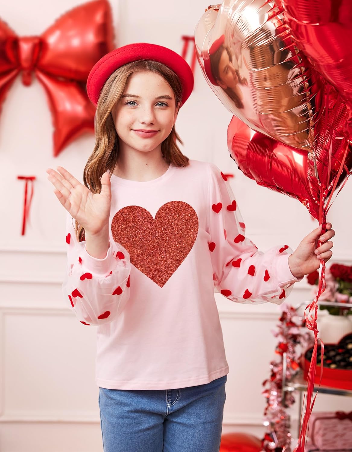 Girls Valentine’s Day Heart Print Top Mesh Long Sleeve Sweatshirt 4-14 Years