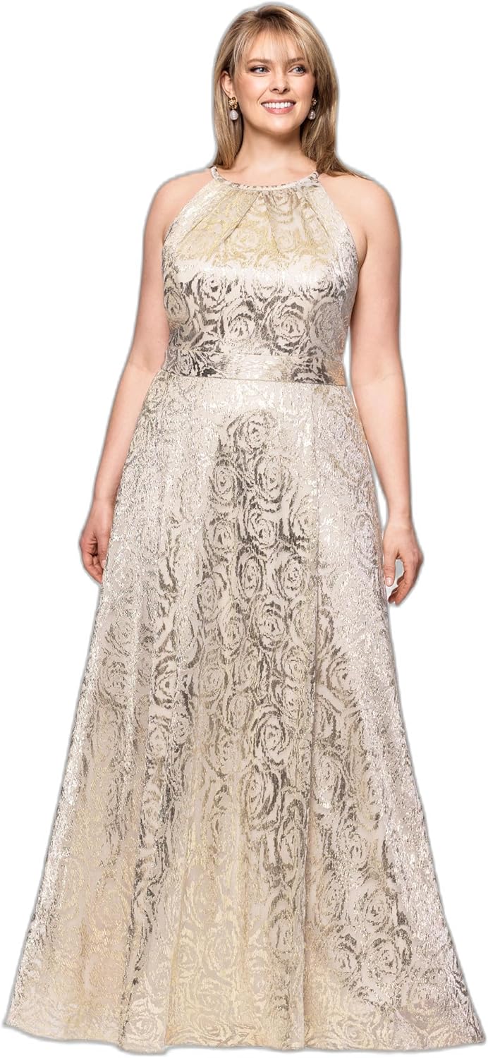 Betsy & Adam Women's Floor Length Crinkle Foil, Rose Pattern, Sleeveless Halter Gown