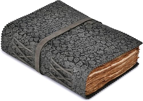Diario floral encuadernado en cuero en relieve para mujeres y hombres, 200 páginas, 6 x 4 pulgadas (A6), negro - Libro de sombras, diario de viaje