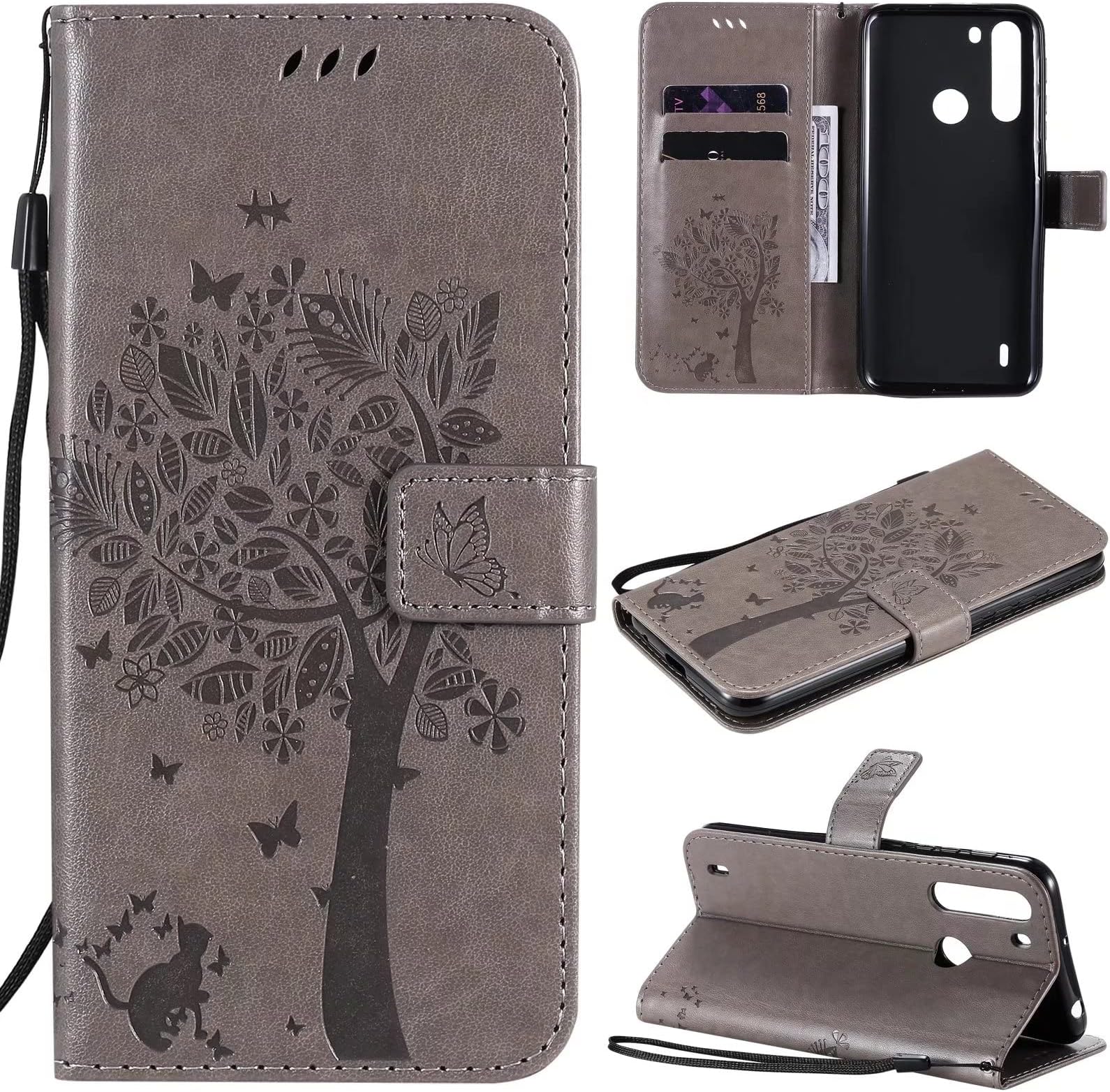 Ttianfa Case for APPLE IPHONE 5C Wallet Flip case with 2& Tempered Glass Screen Protector [2 Card Slot] [Magnetic][stand] Emboss Tree Cat Flowers strap PU Leather 360° Shockproof Flip Folio,Grey