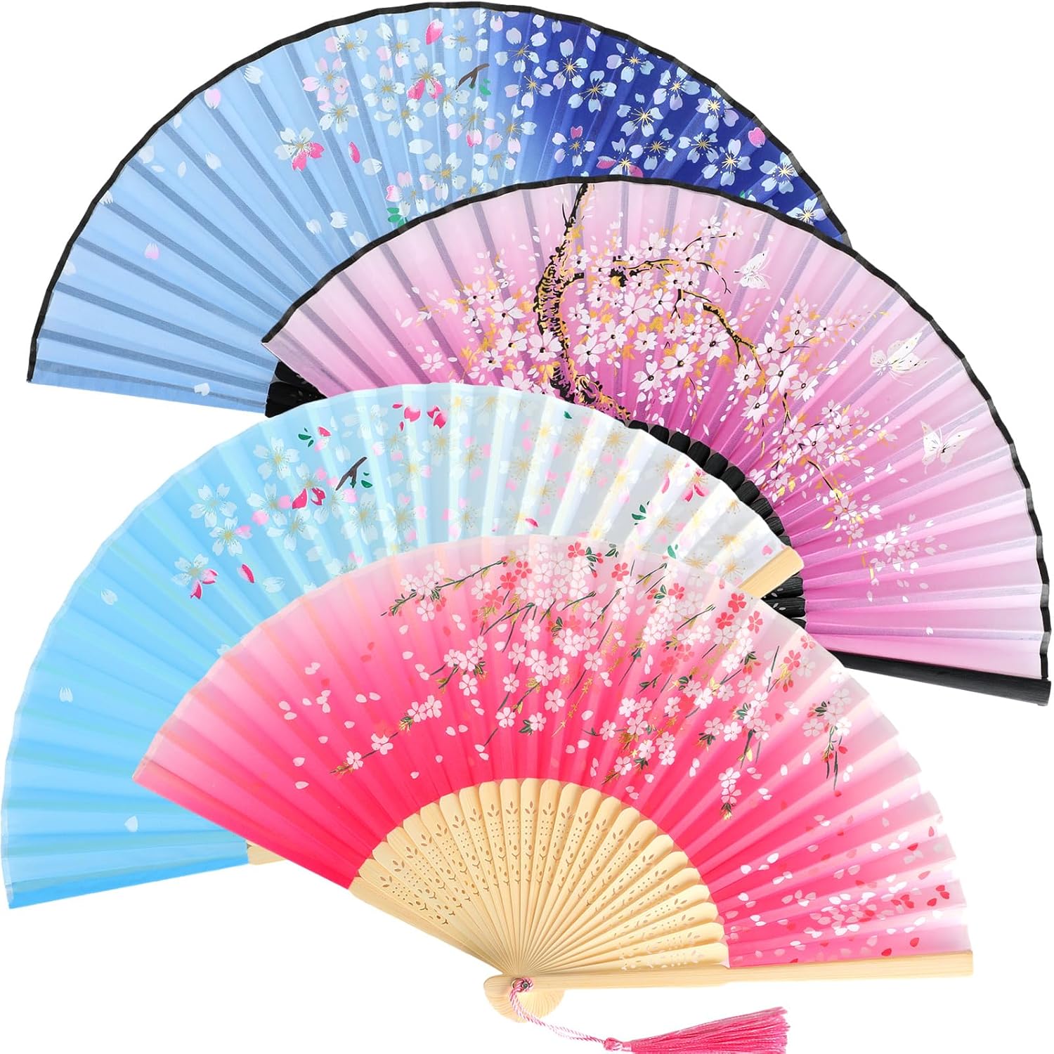 Zonon 4 Pack Handheld Floral Folding Fans Hand Held Silk Bamboo Fans with Tassel Women Hollowed Hand Foldable Fan with Fabric Sleeve for Dancing Wedding Decoration Gifts(Chic)