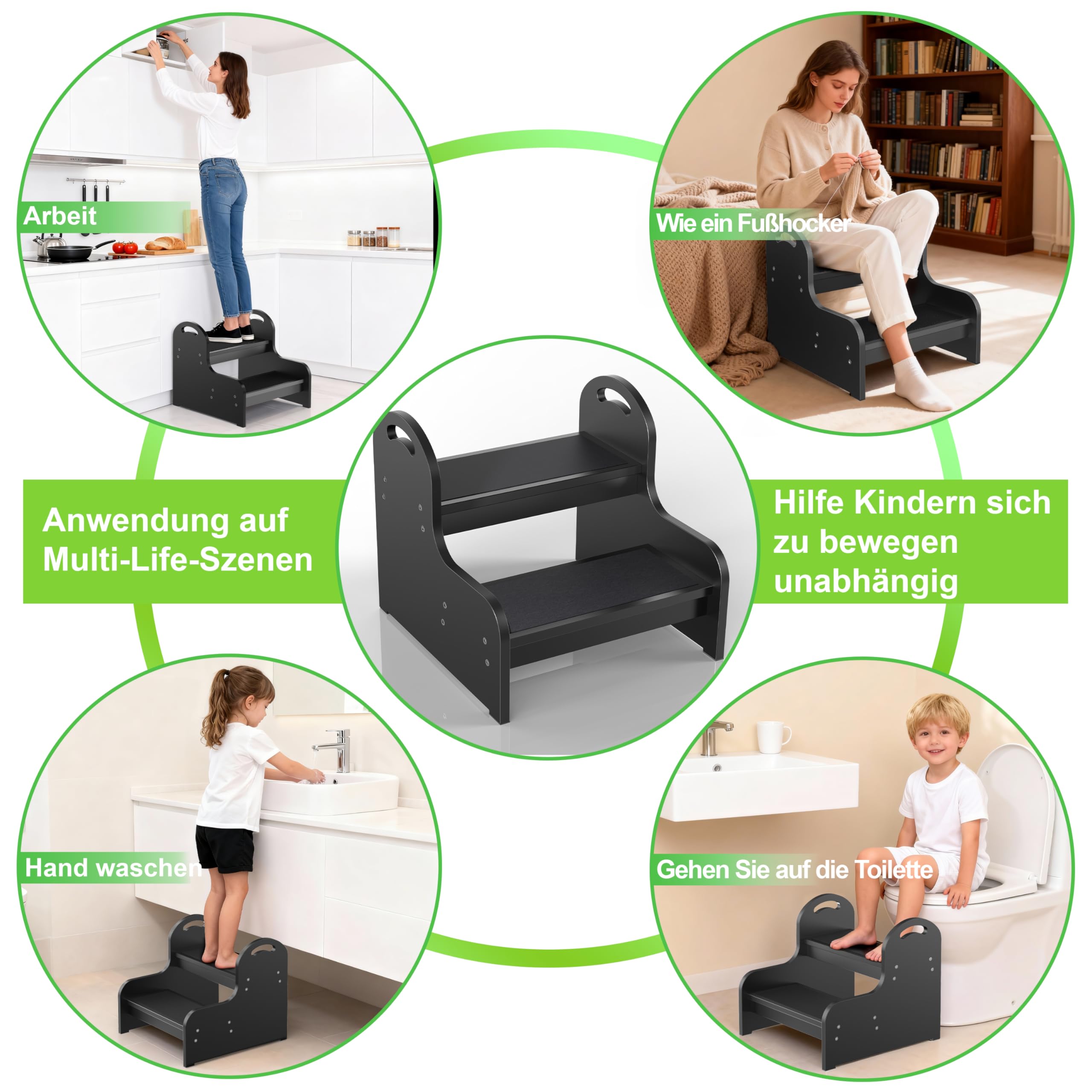 Wood 2 Tritthocker für Kinder und Erwachsene mit Rutschfester Trittfläche, Anti-Rutsch-Hochleistung 2-Schritt-Ladder, Kinderstuhl für Badewanne/Toilette/Küche/Bett (Schwarz B)