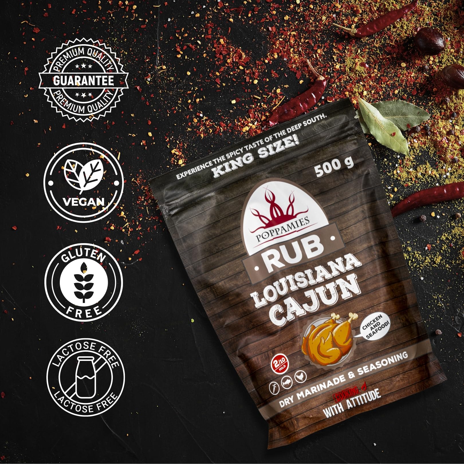 Poppamies Louisiana Cajun BBQ Rub - Assaisonnement BBQ 100% Naturel - Marinade Sèche & Épices - Idéal pour le gril - Grand format (500g)