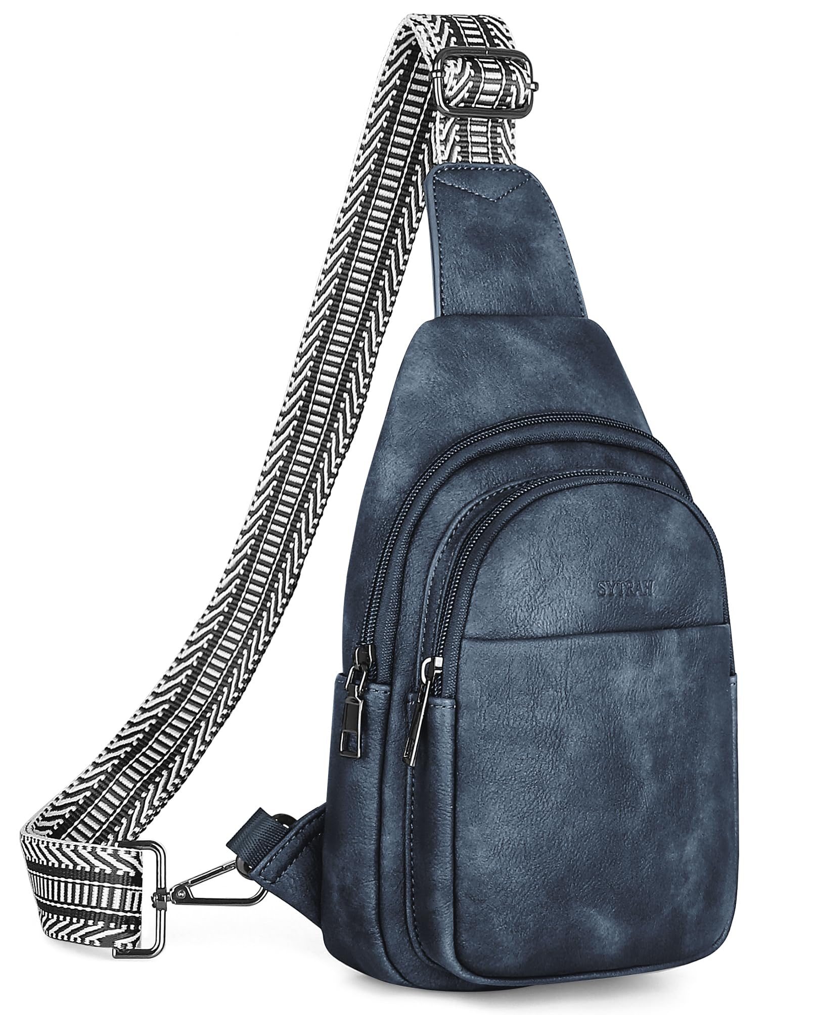 SYTRAH Sling Bag for Women, Crossbody Bags Purse for Women Trendy Vegan Leather Chest Bag with Adjustable Guitar Strap, Vintage Blue