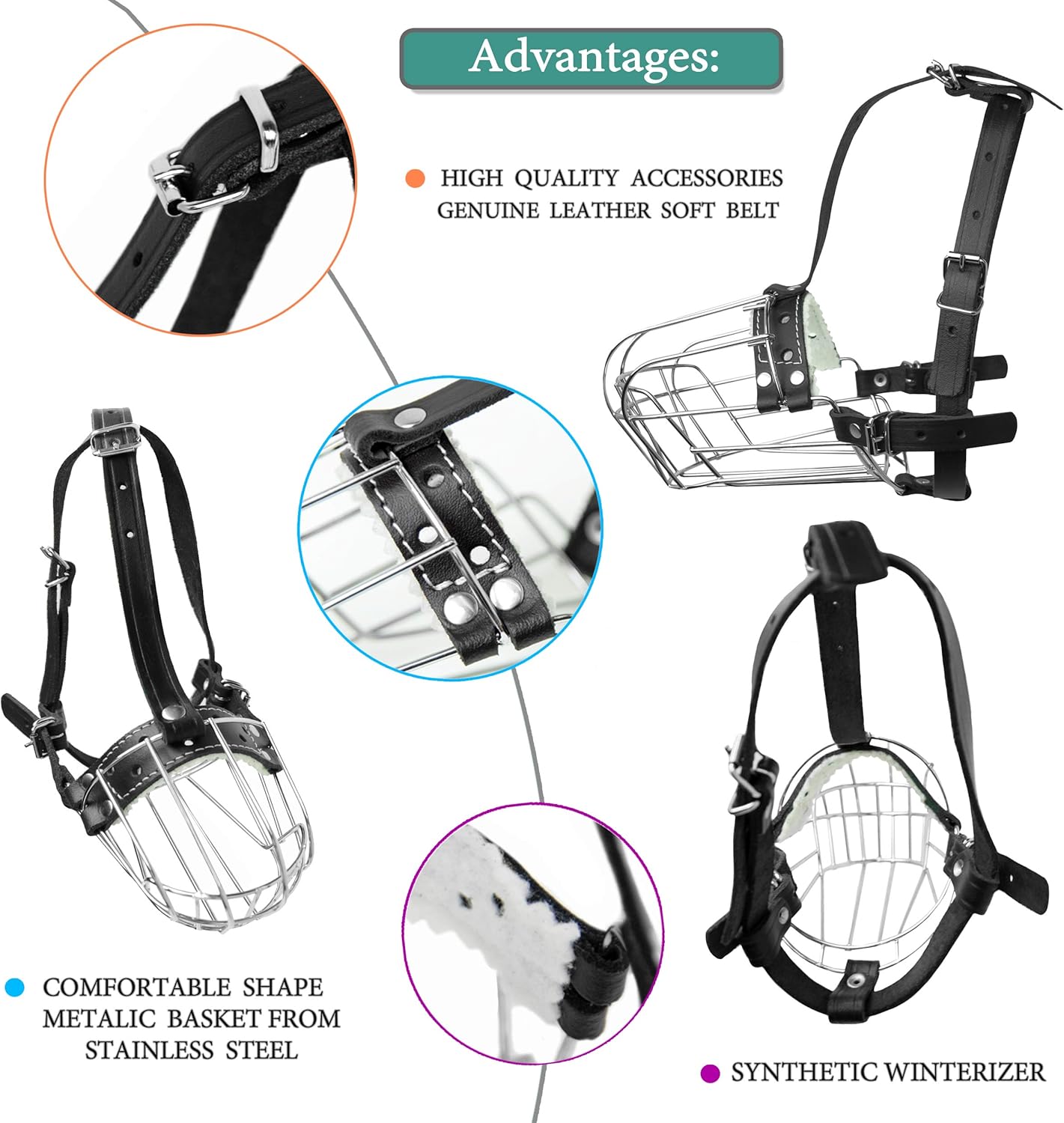 Dog Chrome Metal Muzzles Wire Basket Adjustable Leather Straps (№3+) Snout Circumference is 9.4-10.2 in, Length is 3.5-4.1 in