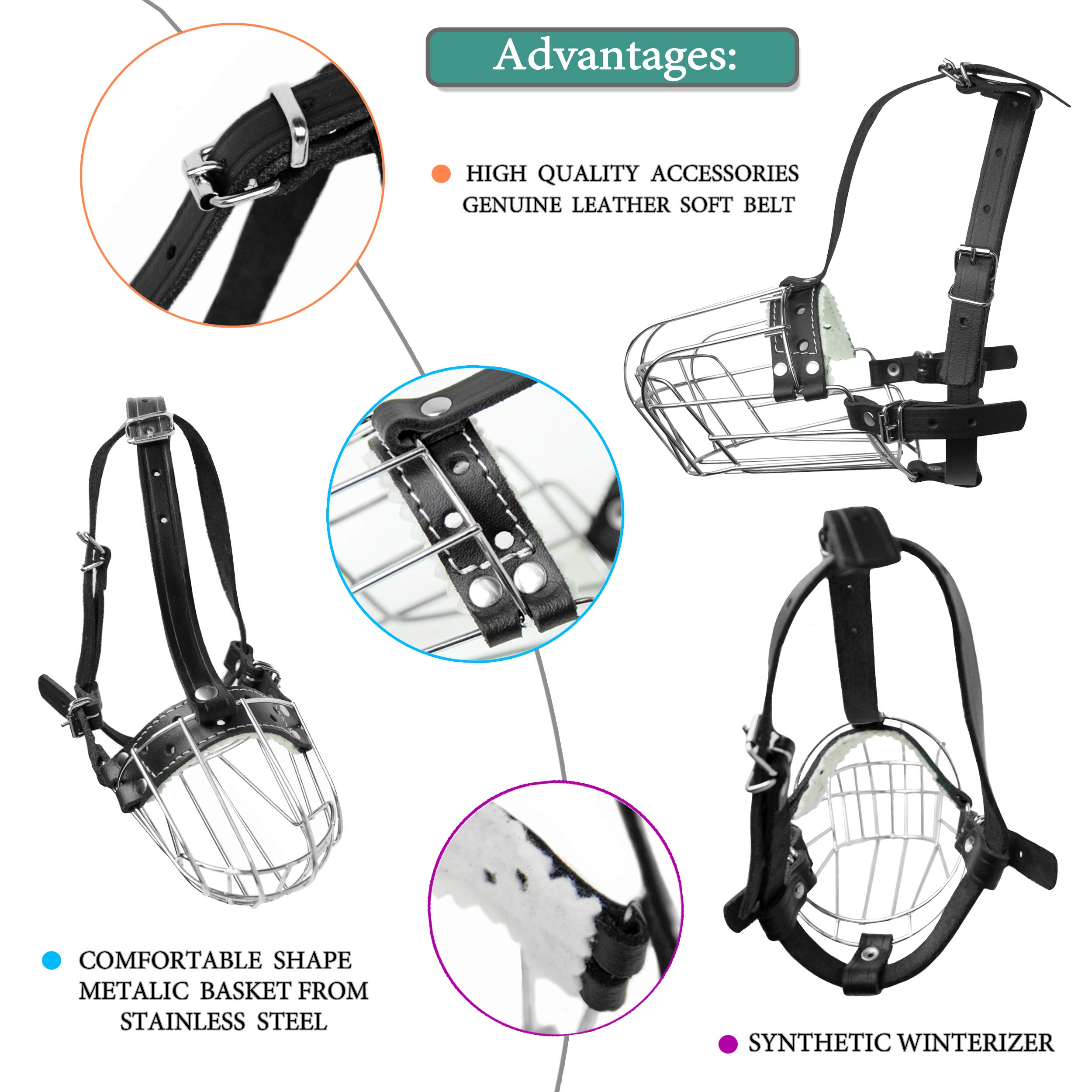 Bozales de Metal Cromado para Perros, Correas de Cuero Ajustables (№3+) La Circunferencia es de 23,8-25,9 cm, la Longitud es de 8,9-10,4 cm