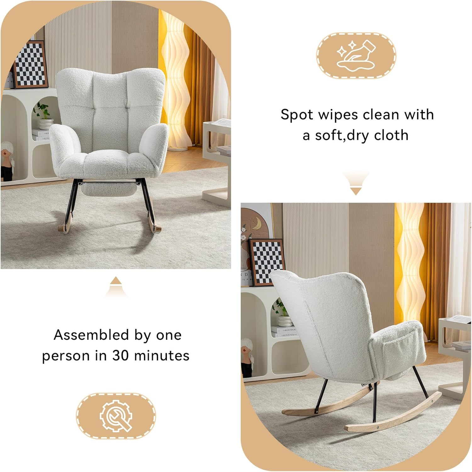 Teddy Fabric Leisure Rocking Chair with Adjustable Footstool – High Backrest Nursery Rocking Chair in Ivory, Solid Wood & Metal Base for Living Room, Bedroom & Baby Room