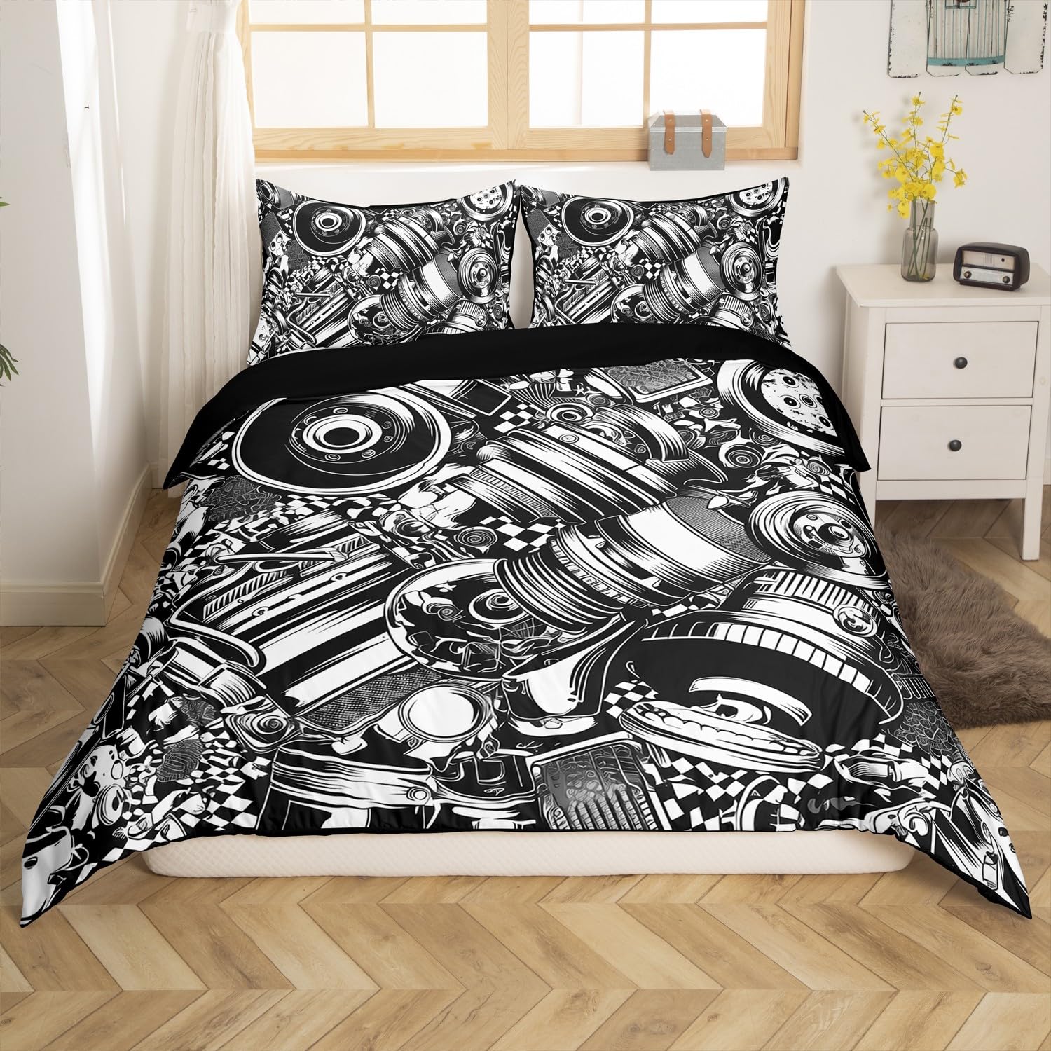 Homemissing Automobile Car Parts Pattern Duvet Cover Set Single Size For Kids Boys Teens Extreme Sports Bedding Set Race Car Comforter Cover with 1 Pillowcase Speed Sports Car Bed Sets — image 1