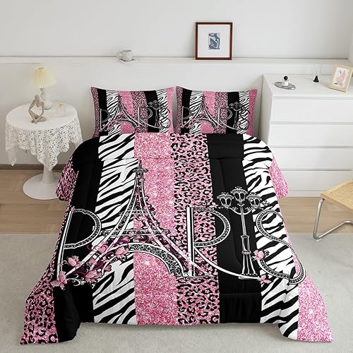 Juego de edredón para niños de la Torre Eiffel, tamaño matrimonial, juego de ropa de cama con textura de piel de cebra y leopardo con purpurina,