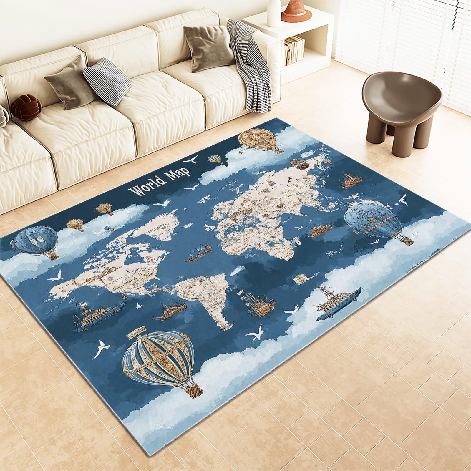Tappeto per bambini con mappa del mondo blu, mongolfiera, tappeto per soggiorno, camera da letto, lavabile, antiscivolo, per camera dei bambini, cameretta dei bambini, tappeto da gioco, 120 x