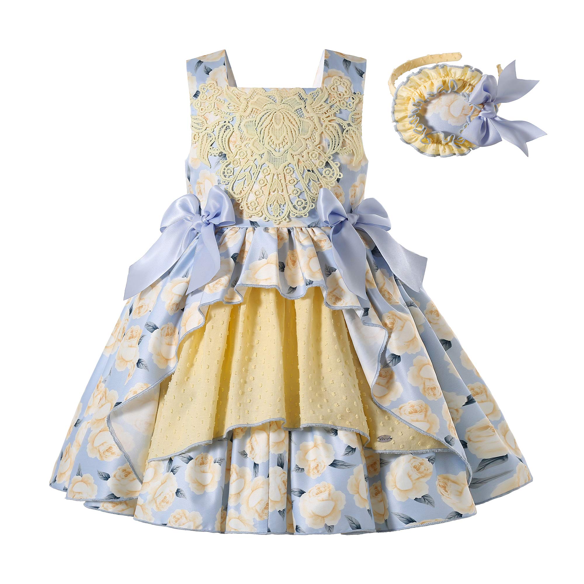 PettigirlGirl Summer Yellow Vintage Easter Ceremony Floral Outfit Toddler Kid Ruffle Cute Party Dresses with Headband