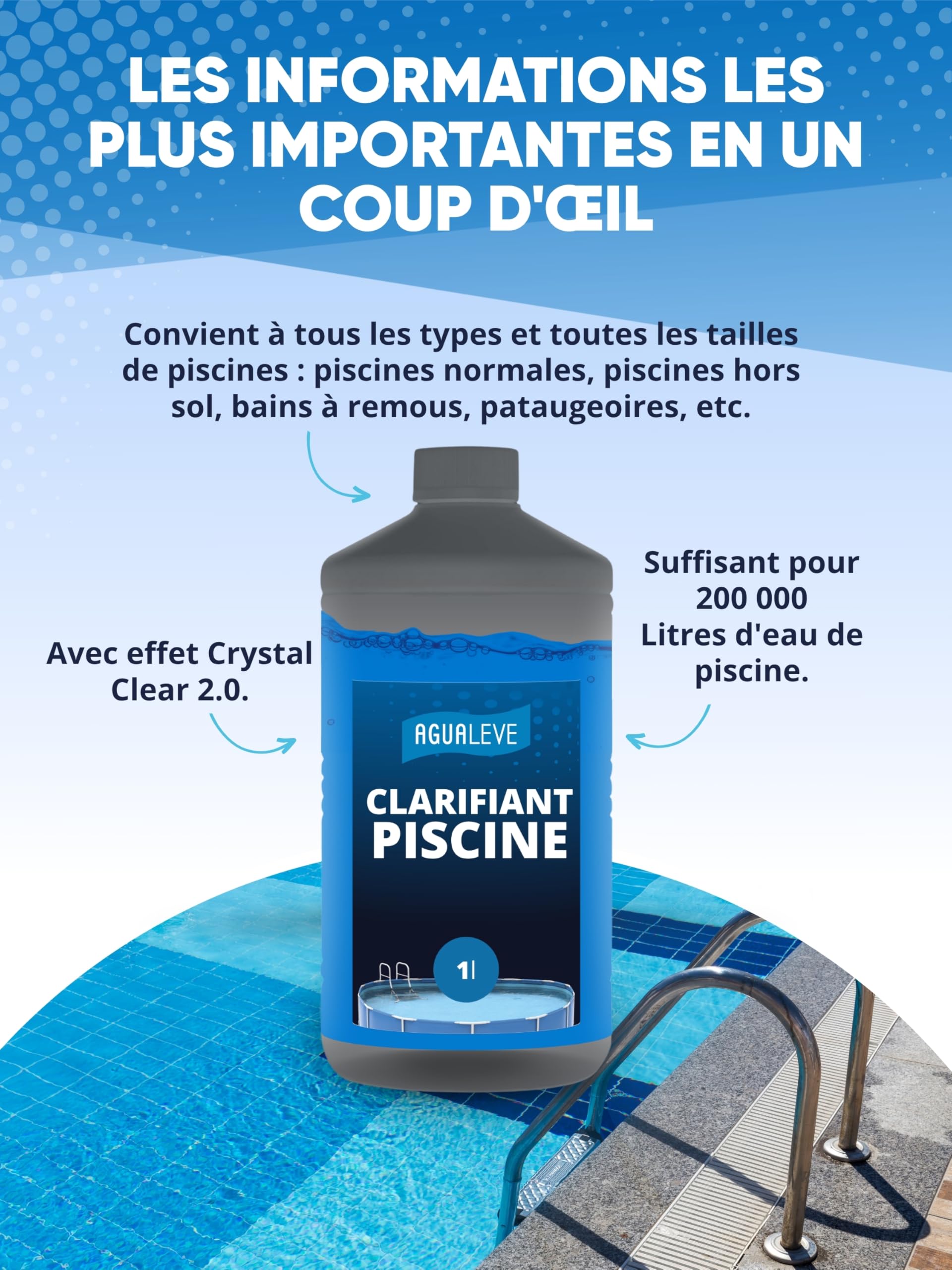AGUALEVE® Clarifiant Piscine 1L | Formule Cristalline 2.0 pour Une Eau de Piscine Parfaite | Piscines, spas et pataugeoires | Qualité de Marque Made in Germany | pour 200 000 L d’Eau de pisci