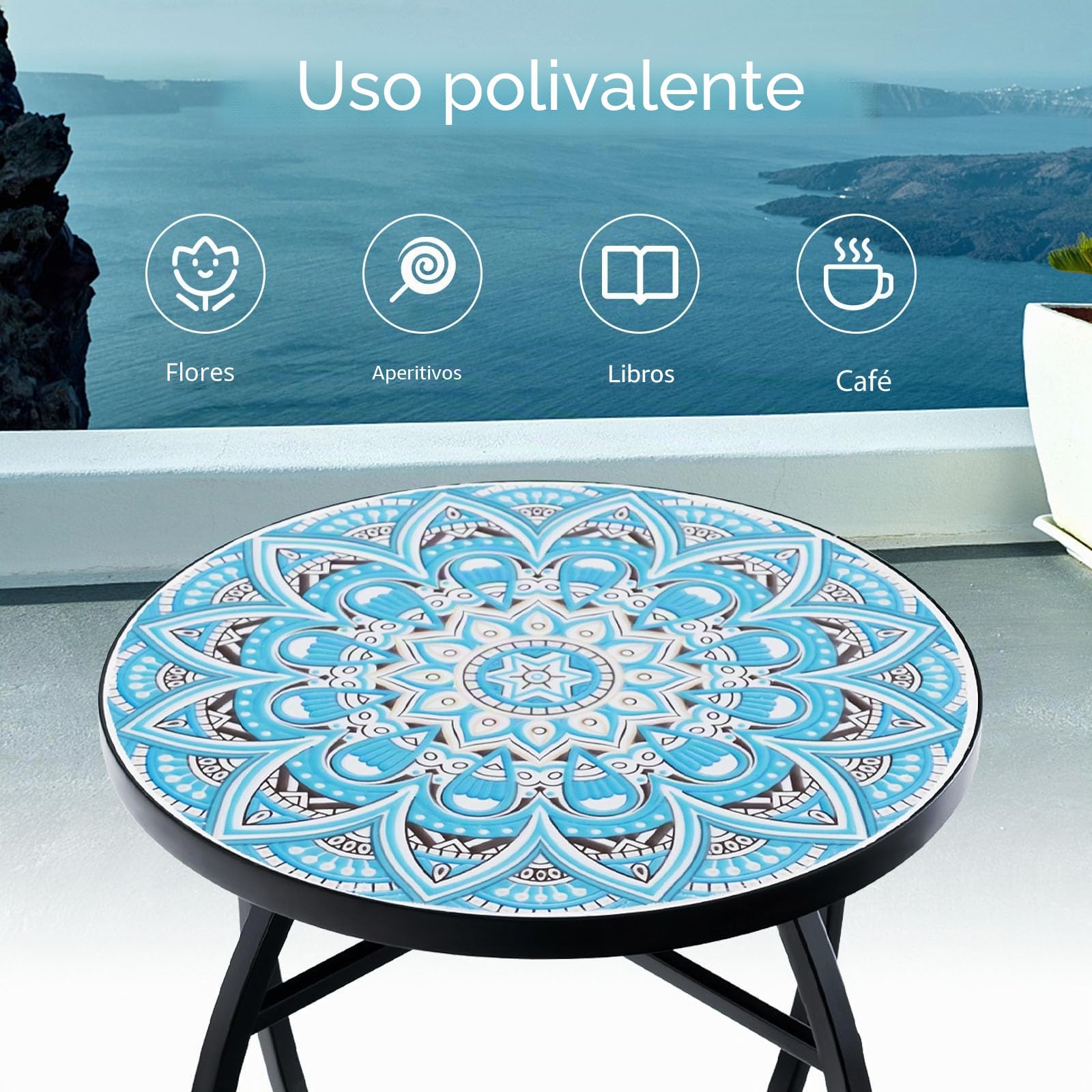 GOPLUS Mesa auxiliar de mosaico, mesa auxiliar redonda con bandeja de baldosas y marco de metal resistente, soporte para plantas, apto para balcón, terraza, jardín, 30 x 30 x 50 cm (azul+negro)