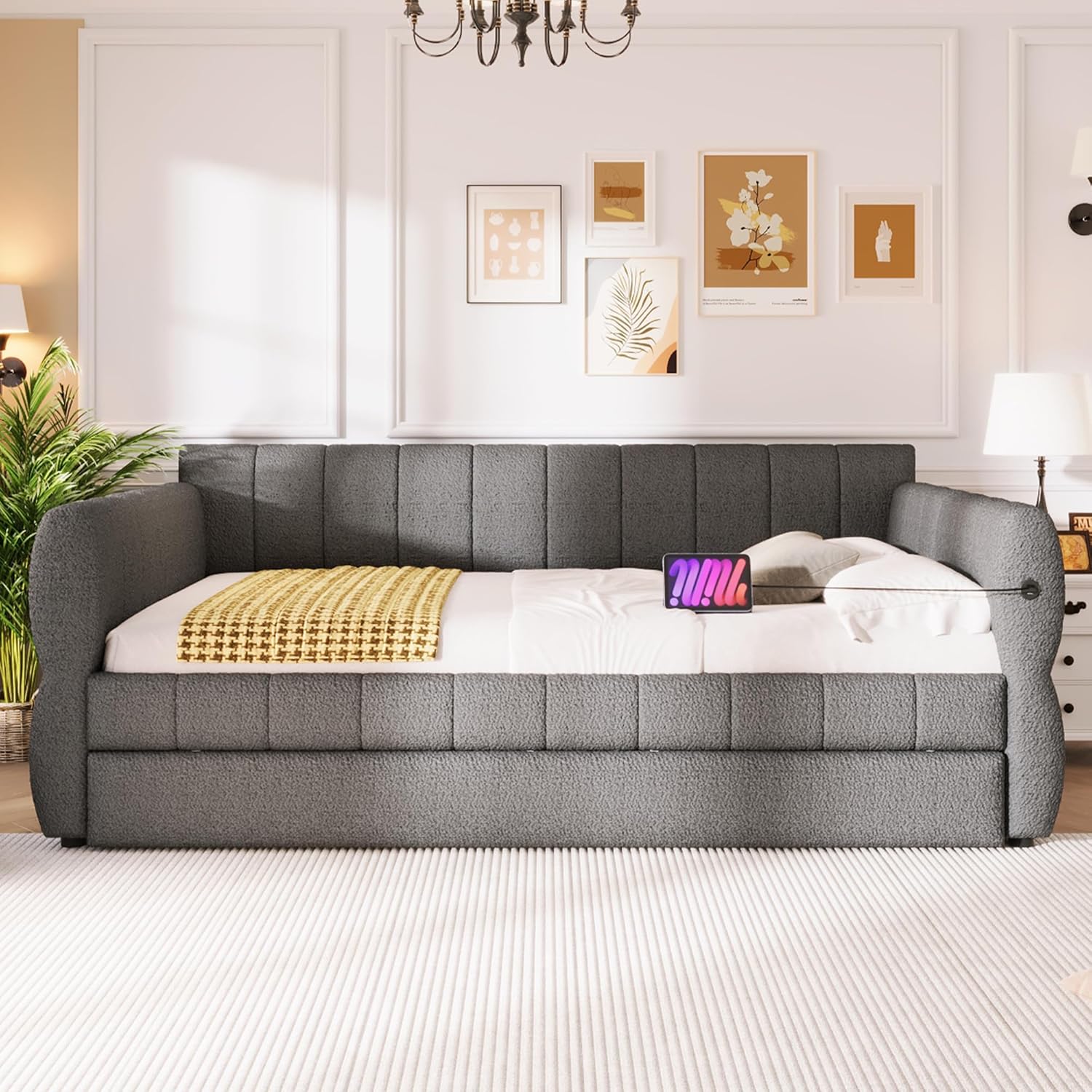 Ball & Cast Queen Size Daybed with Trundle & USB Port,Boucle Upholstered Day Bed Frame with Channel Tufted Backrest,Queen Trundle Bed for Living Room, Guest Room,No Box Spring Needed,Gray