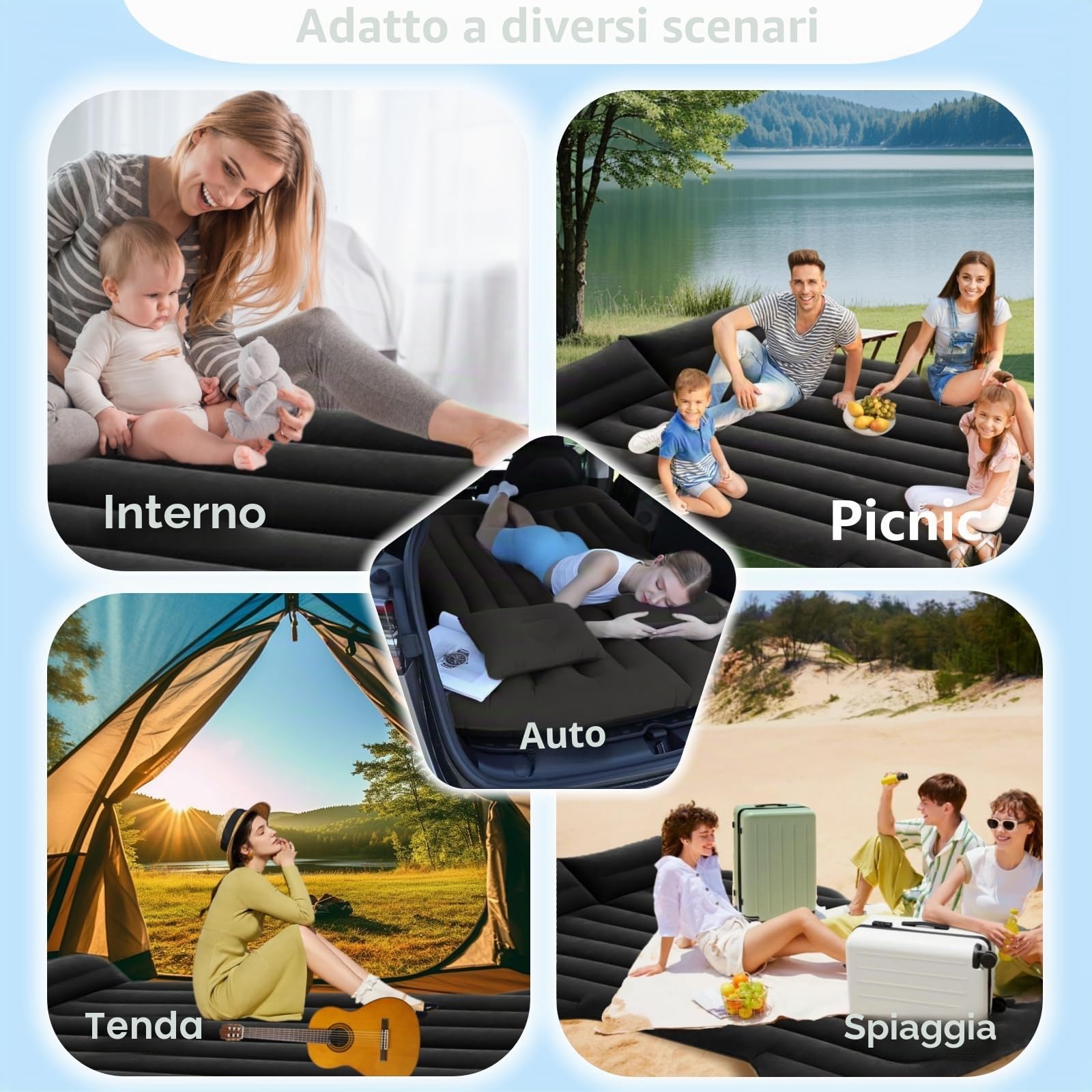 Materasso Auto, Materasso ad aria per model y SUV MPV nel bagagliaio 195x130cm, Mmaterasso Gonfiabile Auto Portatile e Comodo Campeggi Letto per Viaggi, Attività Interne ed Esterne (Nero)
