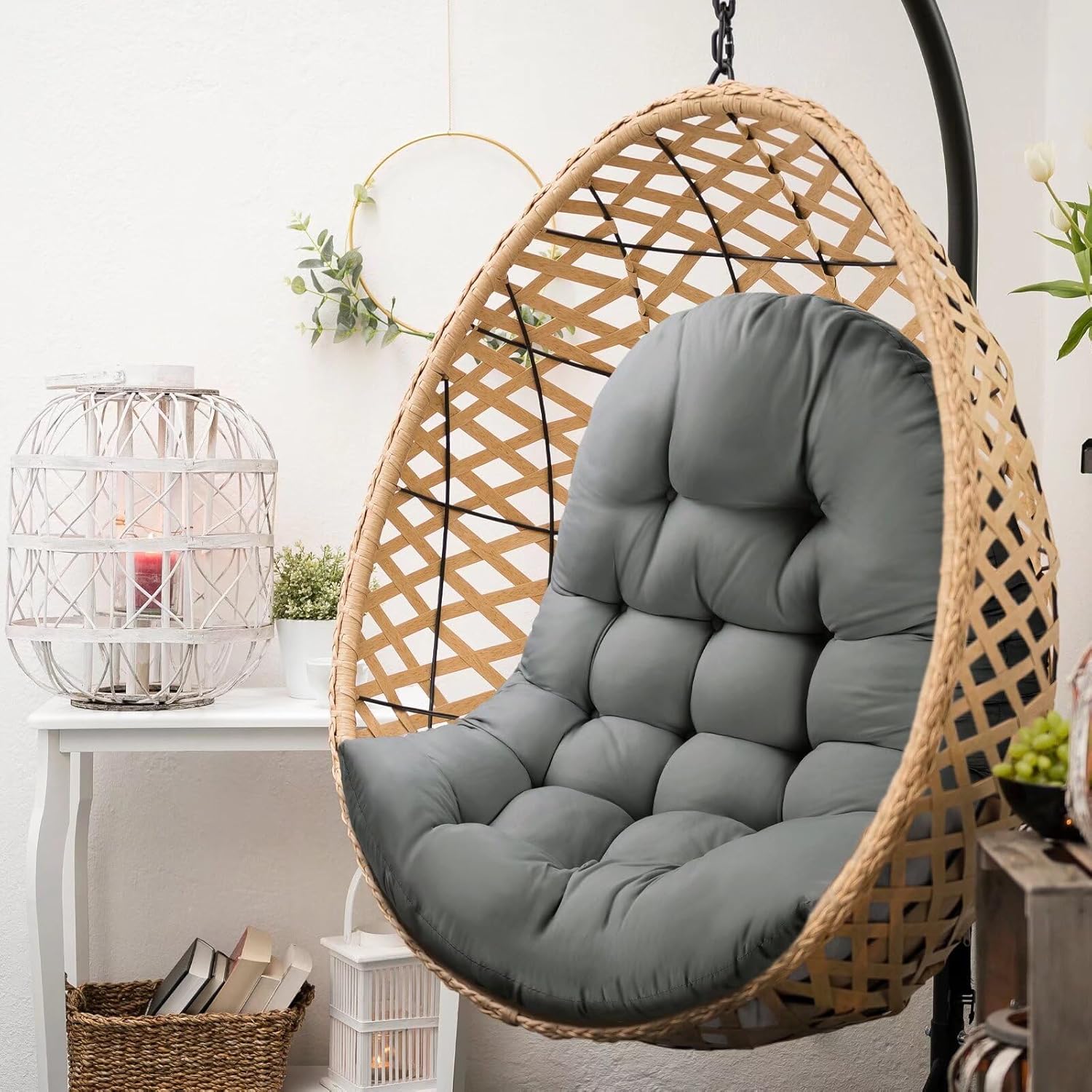 Patio Egg Chair Cushion Replacement, Button Tufted Thick Outdoor Swing Chair Cushion with High Elasticity PP Cotton and Skin-Friendly Fabric, Hammock Cushion for Porch Furniture (Only Cushion)