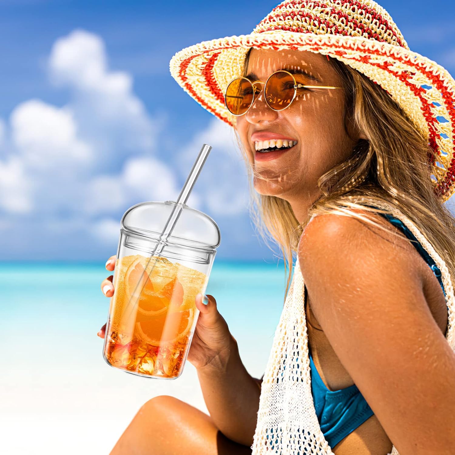 Angoily Iced Cup, 2 PCS Glass Coffee Cups with Lids and Straws 15oz Drinking Glasses Can Shaped Tumbler Cute Tumbler, Household Clear Beverage for Cocktail, Whiskey - Image 2